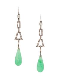 A Pair of Art Deco White Gold, Diamond and Jadeite Earrings,