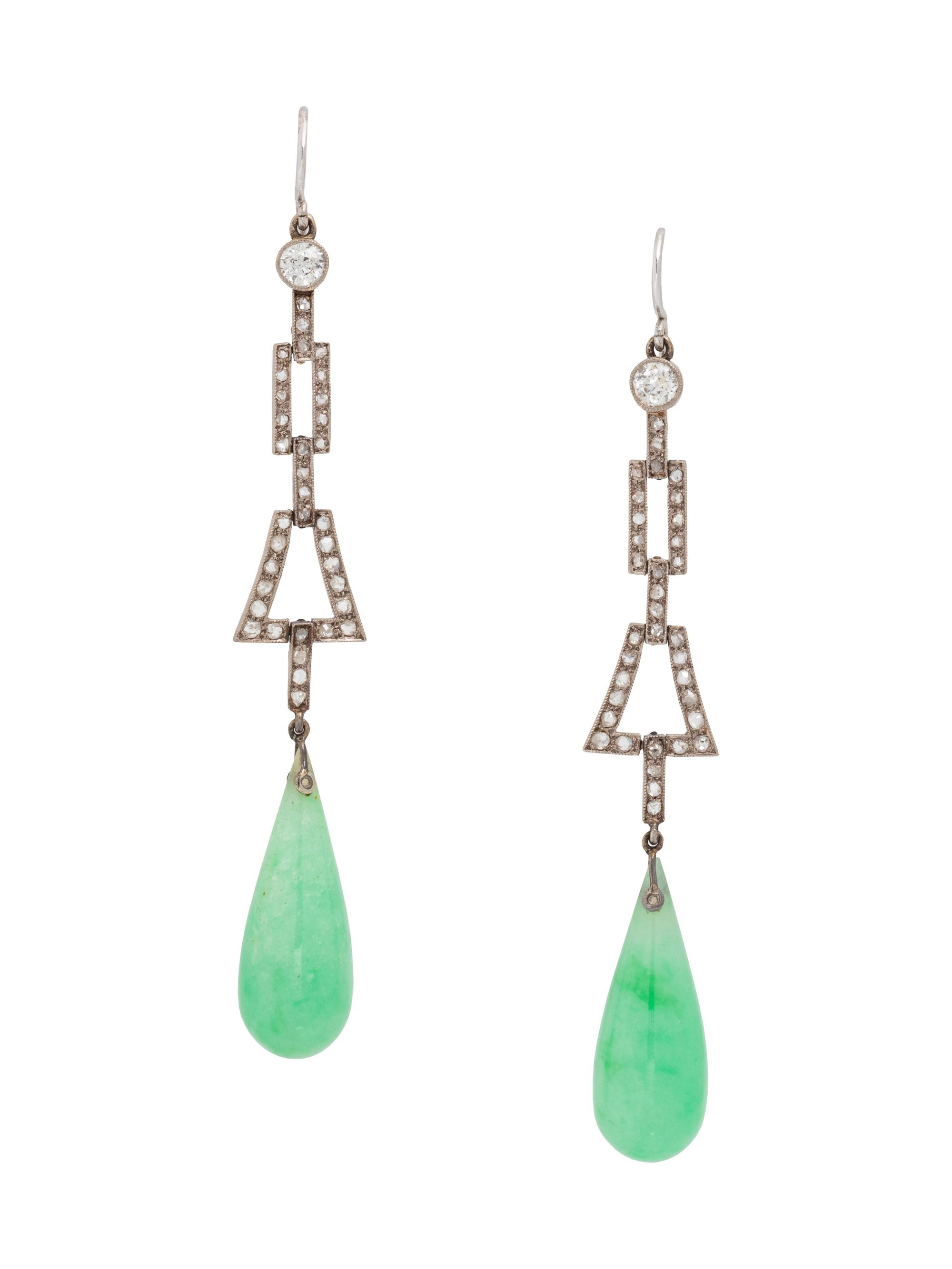 A Pair of Art Deco White Gold, Diamond and Jadeite Earrings,