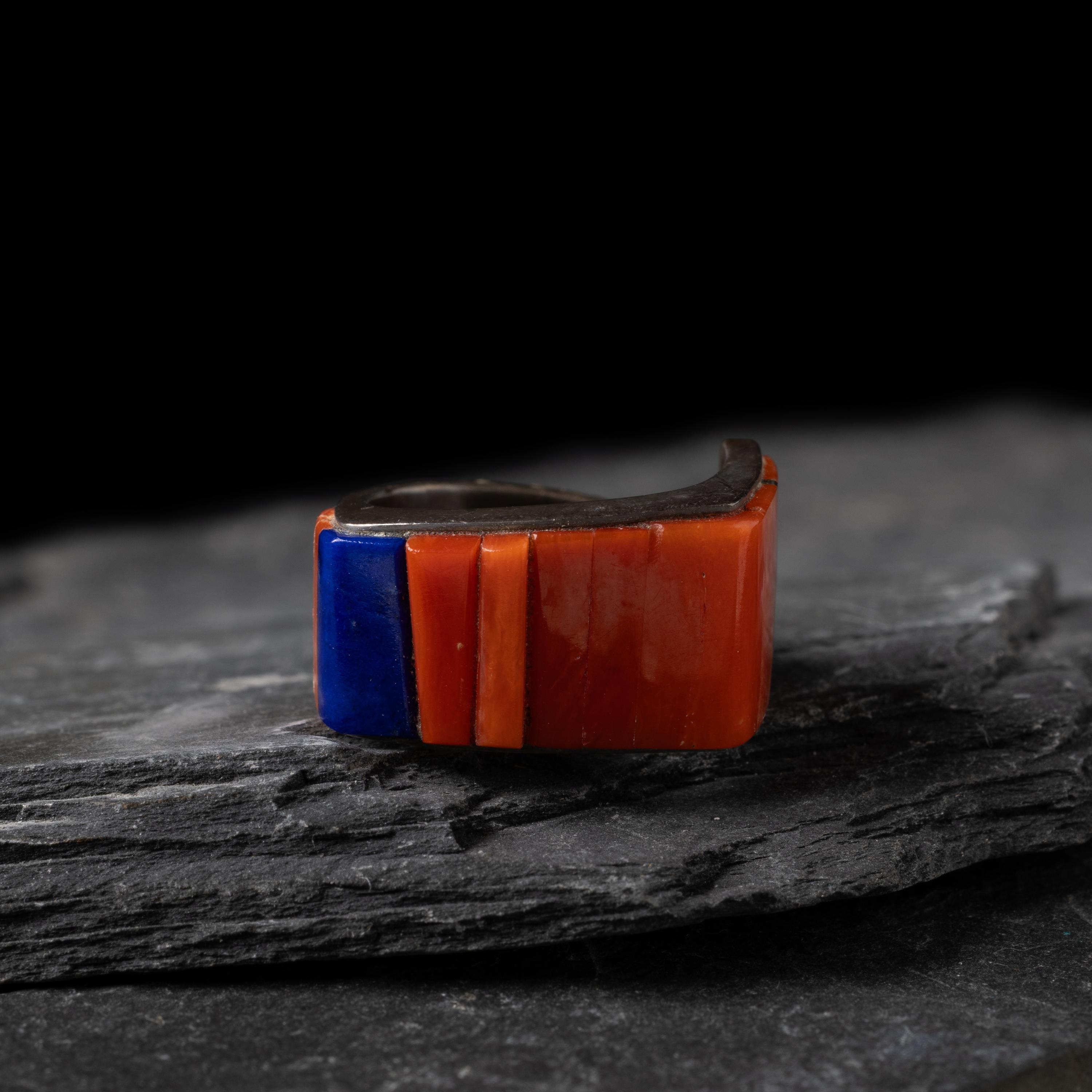 Richard Chavez (San Felipe, b. 1949) — Silver, Coral, and Lapis Ring