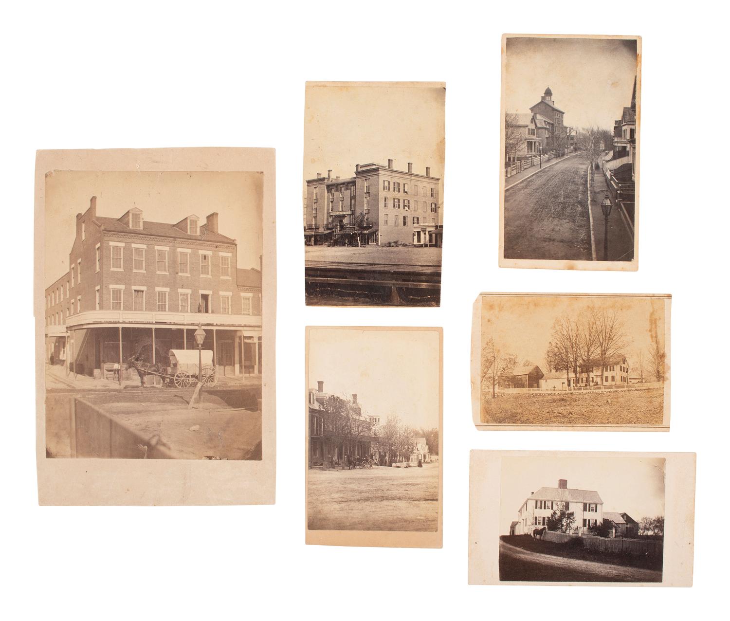 [EARLY PHOTOGRAPHY]. 12 CDVs and cabinet card of Civil War-era businesses and residences.
