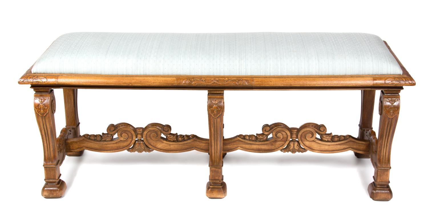 A Louis XVI Style Carved Walnut Bench Height 20 x width 47 1/2 x depth 17 inches. — 20TH CENTURY