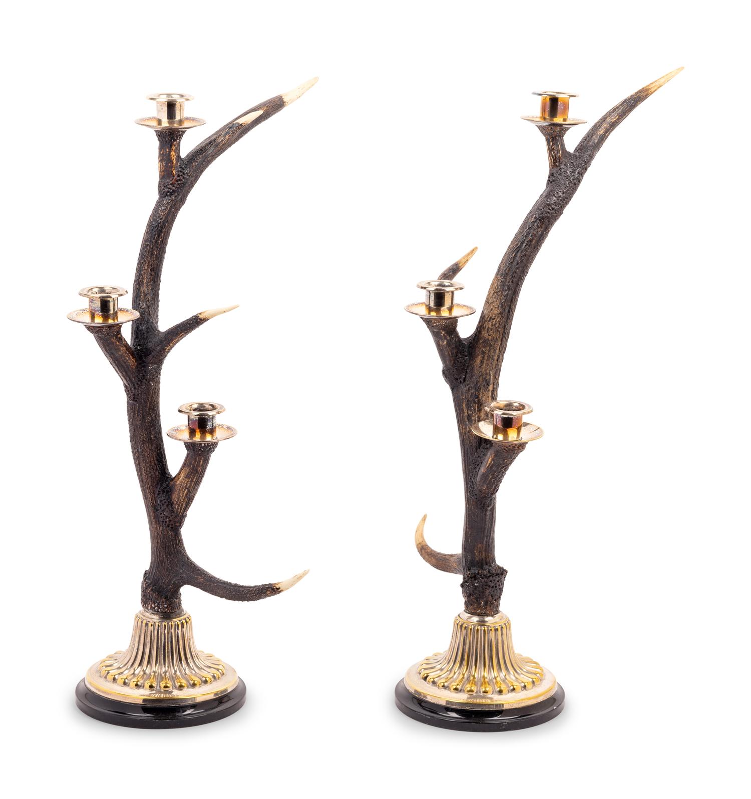 A Pair of Silvered Metal Mounted Antler Three-Light Candelabra