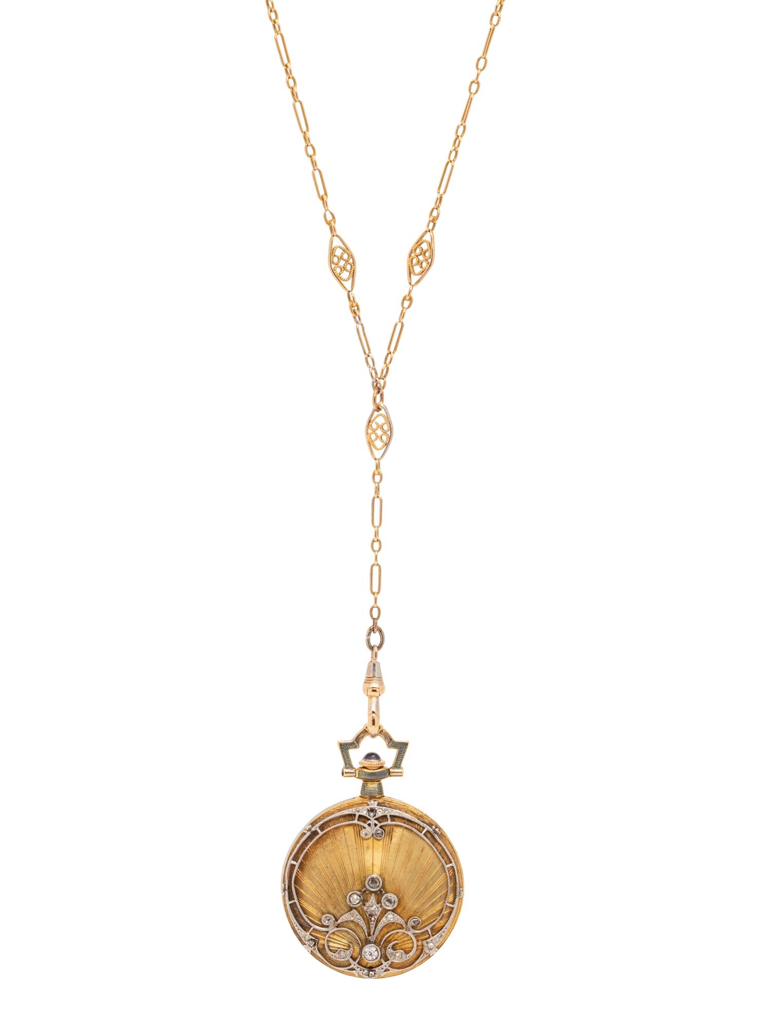 LONGINES, WITTNAUER & CO., 18K YELLOW GOLD, ENAMEL AND DIAMOND POCKET WATCH WITH CHAIN