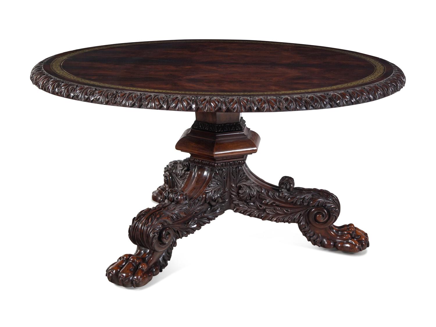 A George IV Brass Inlaid Rosewood and Walnut Flip-Top Dining Table
