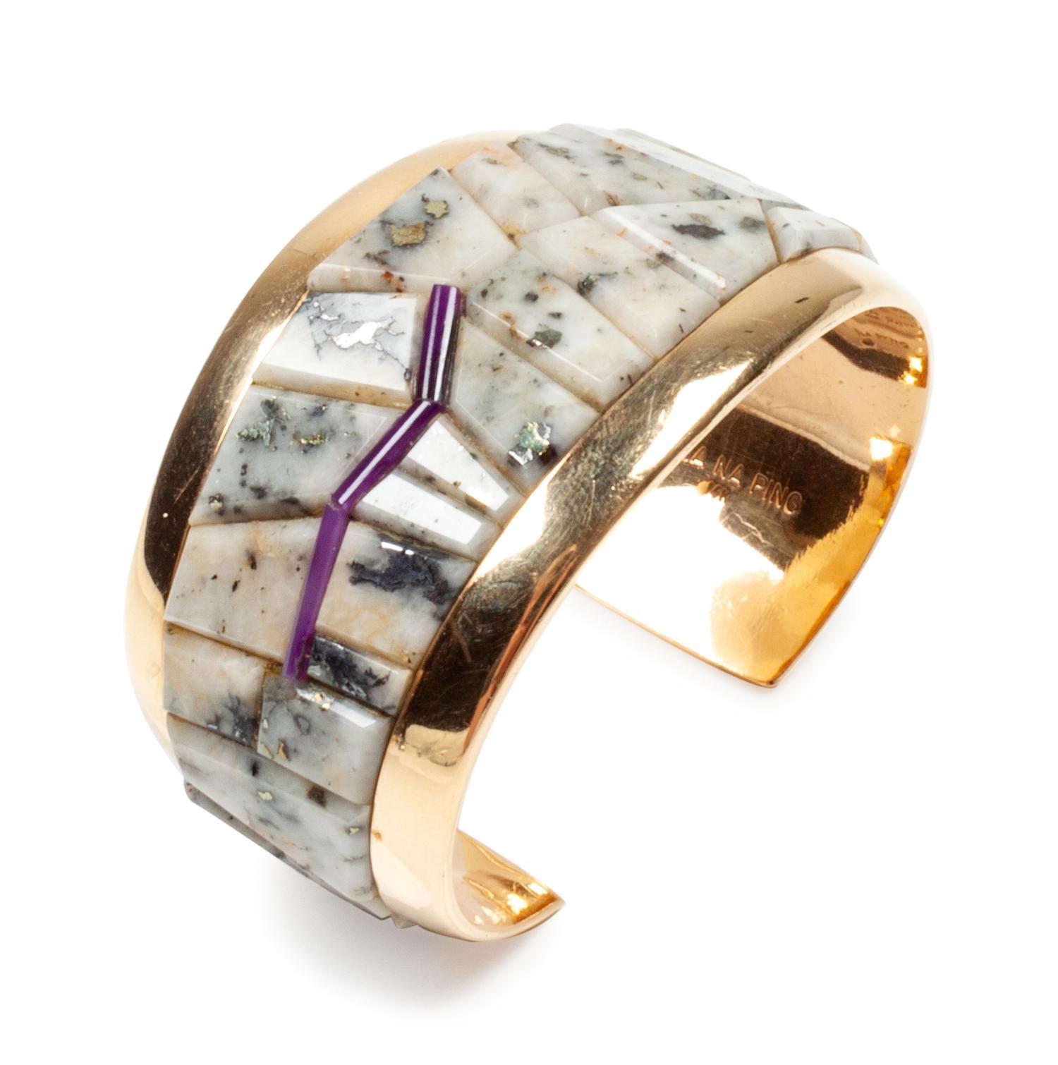 14k yellow gold and mosaic inlay cuff bracelet