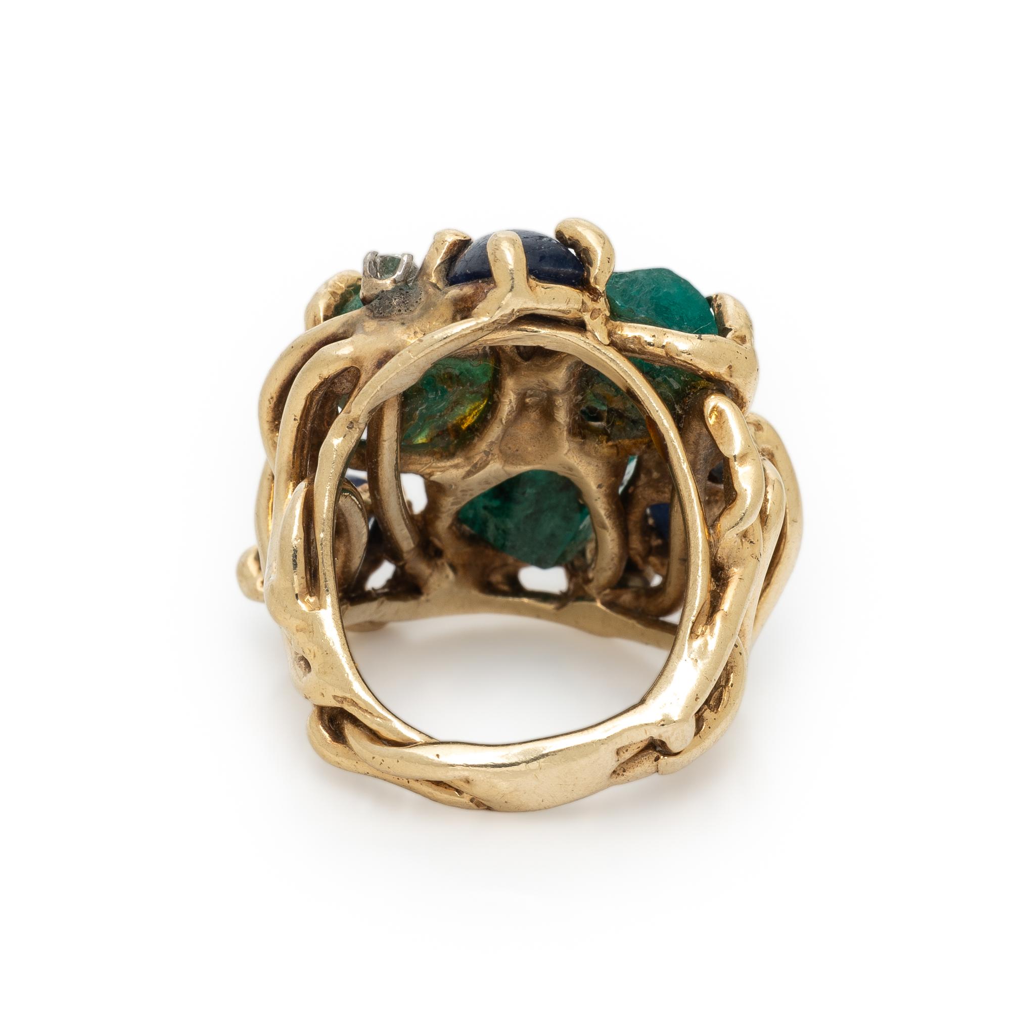 YELLOW GOLD, EMERALD, SAPPHIRE, AND DIAMOND RING