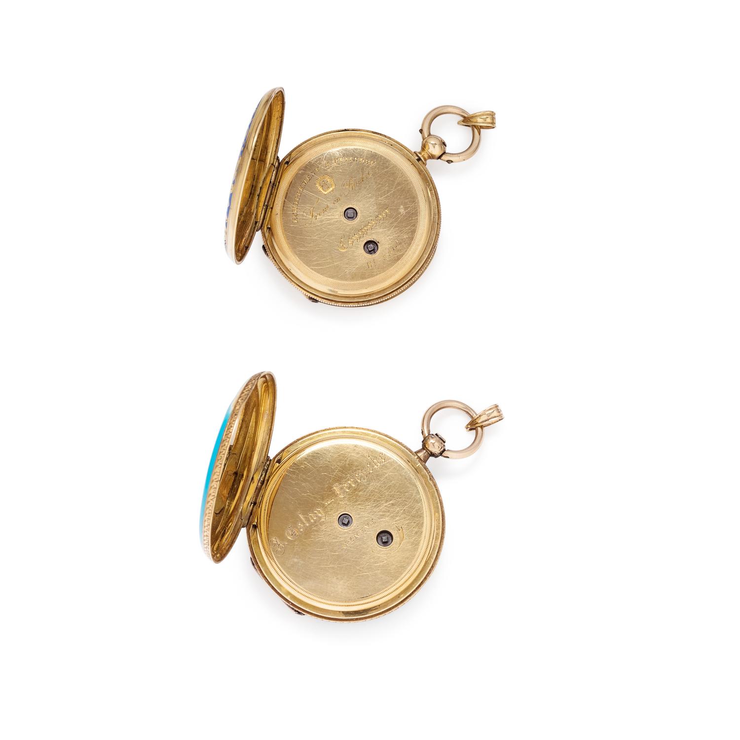 COLLECTION OF 18K YELLOW GOLD AND ENAMEL HUNTER CASE POCKET WATCHES