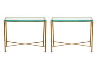 A Pair of Neoclassical Style Brass Console Tables with Glass Tops
