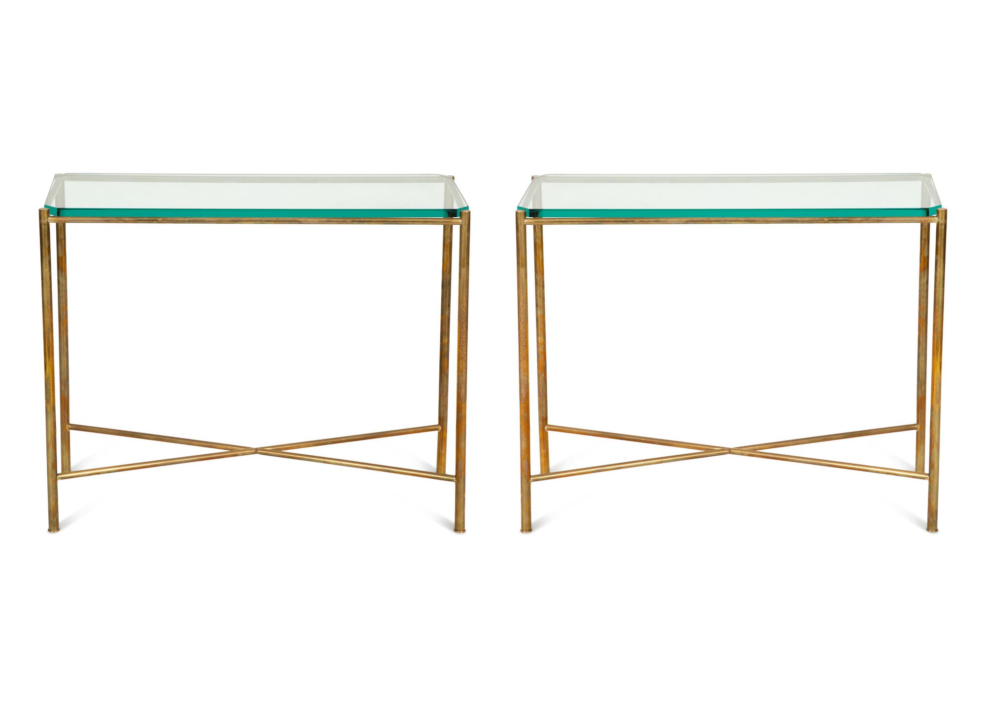 A Pair of Neoclassical Style Brass Console Tables with Glass Tops