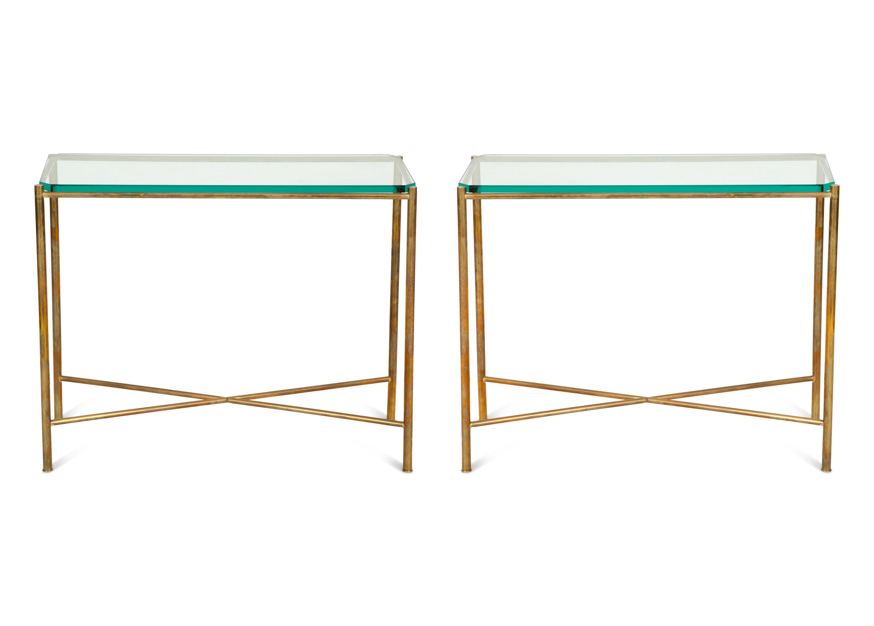 A Pair of Neoclassical Style Brass Console Tables with Glass Tops
