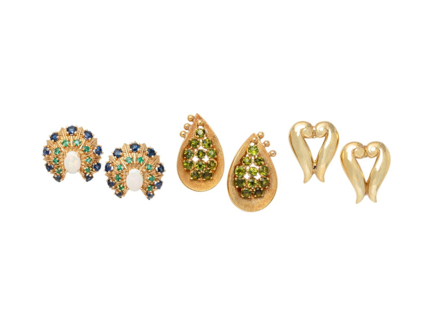 THREE PAIRS OF YELLOW GOLD AND GEMSTONE EARRINGS