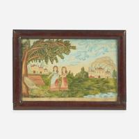 American School 19th century Two Young Girls Feeding Fowl