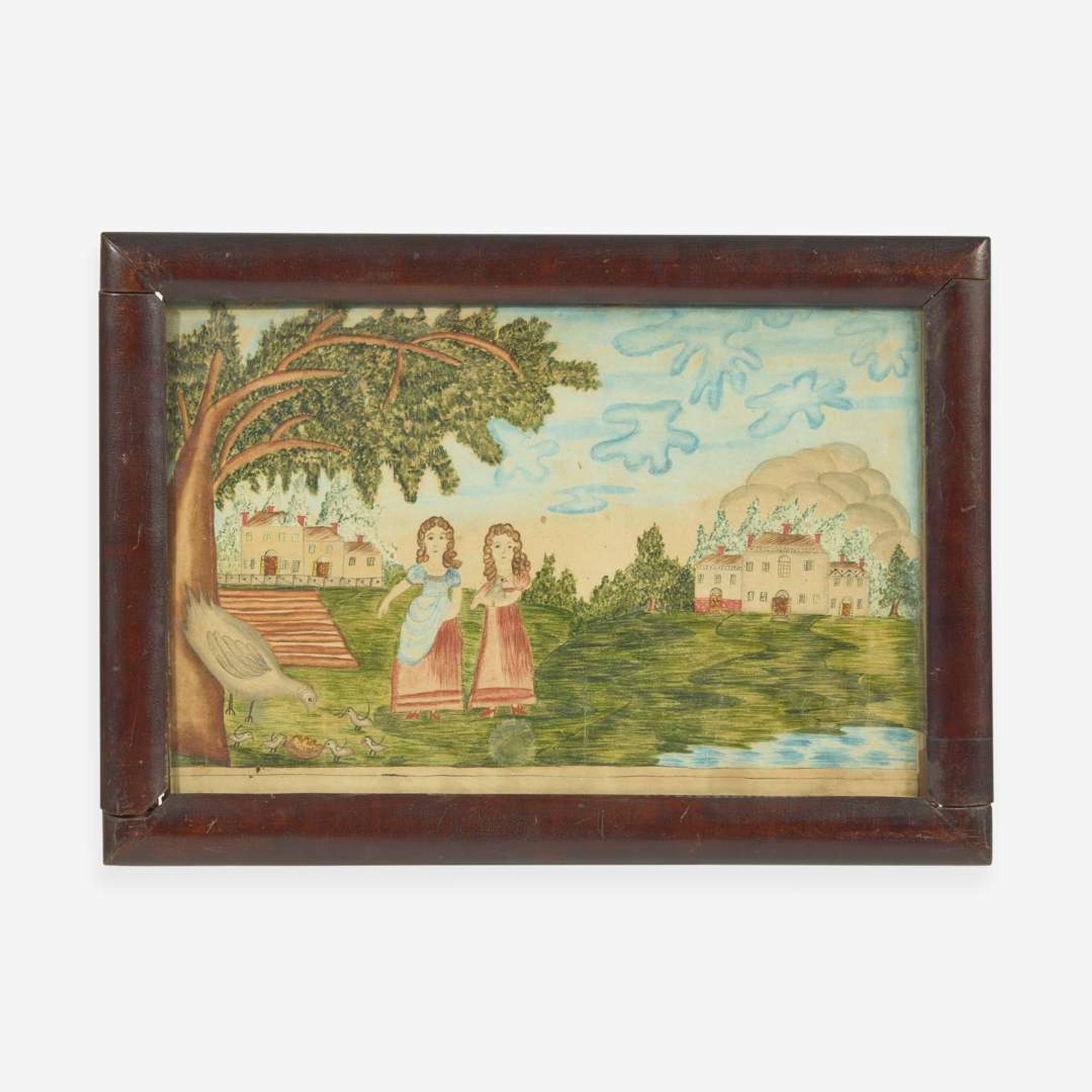 American School 19th century Two Young Girls Feeding Fowl