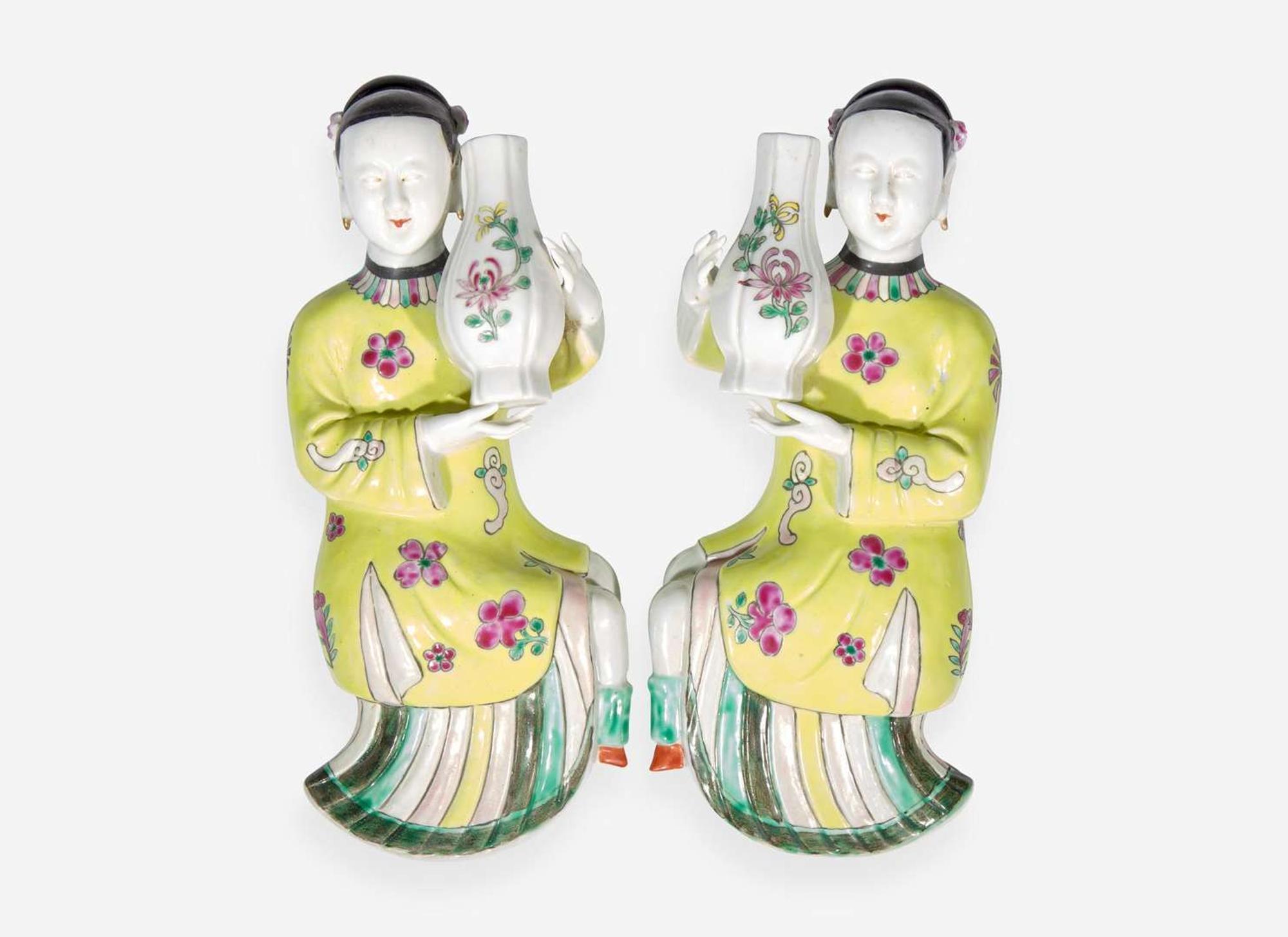 A Pair of Chinese famille rose-decorated porcelain "Meiren" wall vases 粉彩美人壁瓶