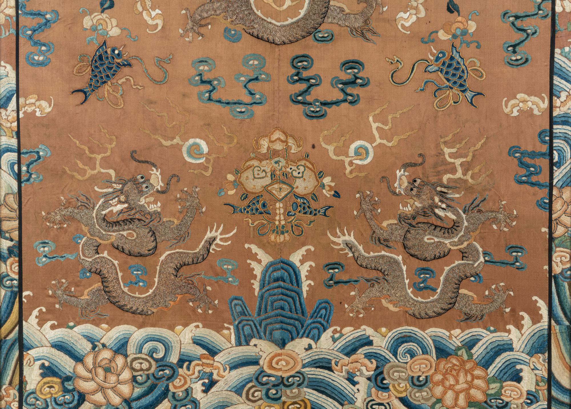 A Large Ochre Ground Embroidered Silk 'Dragon' Panel