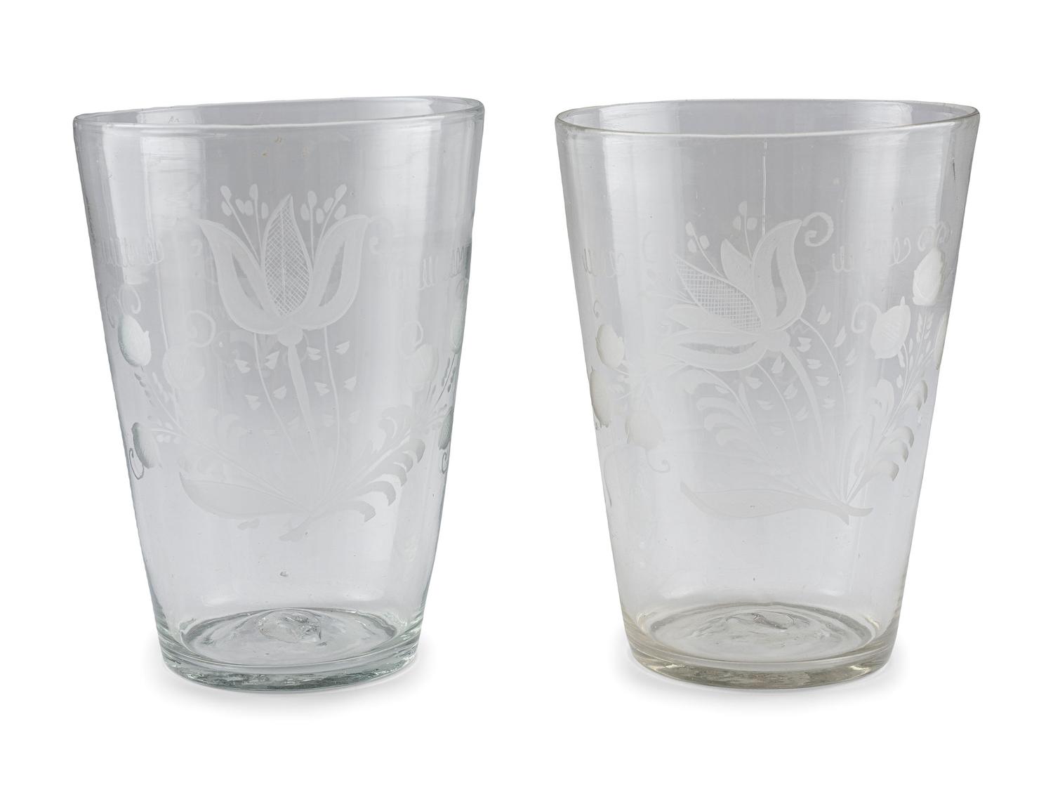 A Pair of Large Blown and Etched Glass Beakers