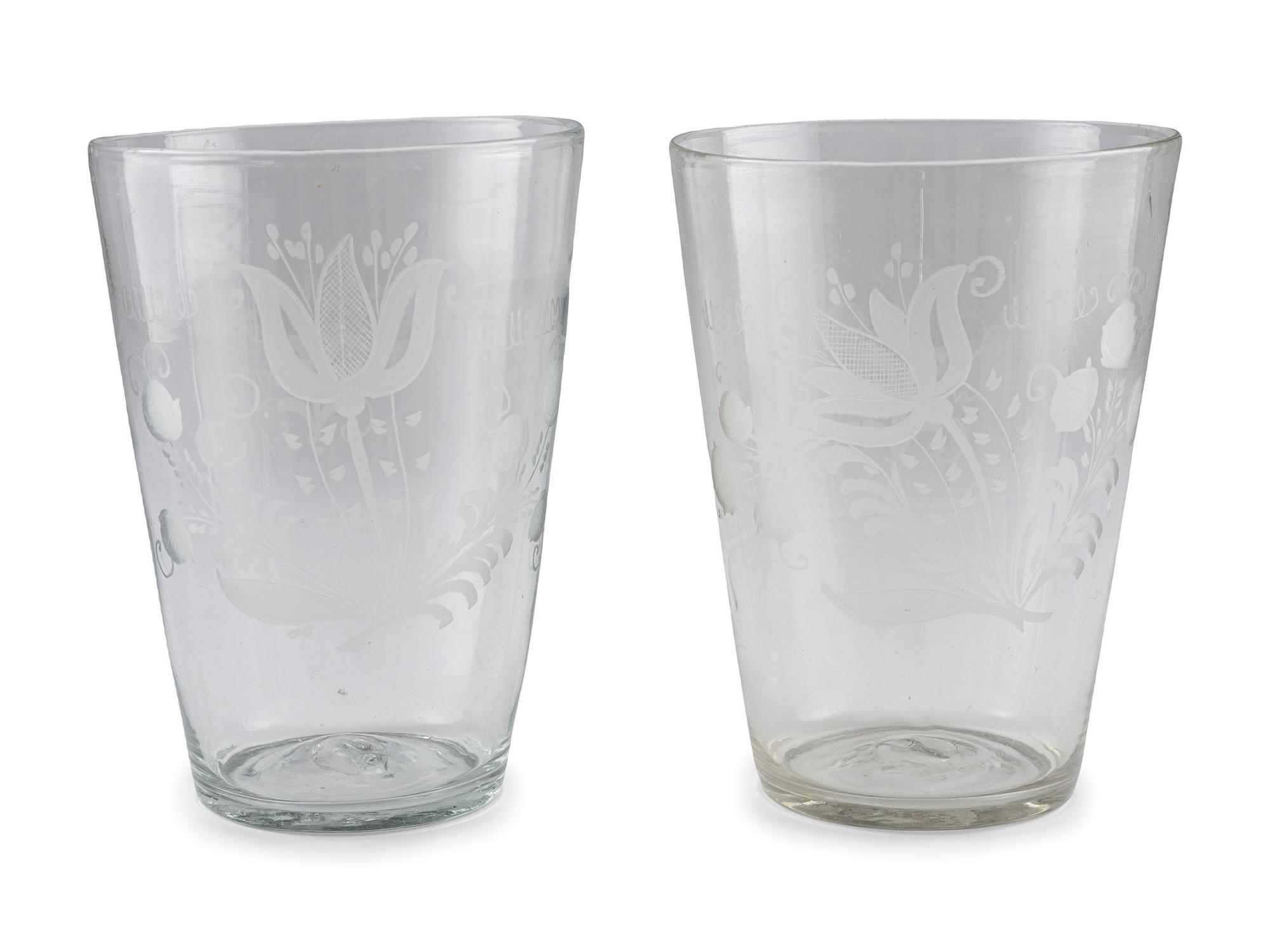 A Pair of Large Blown and Etched Glass Beakers