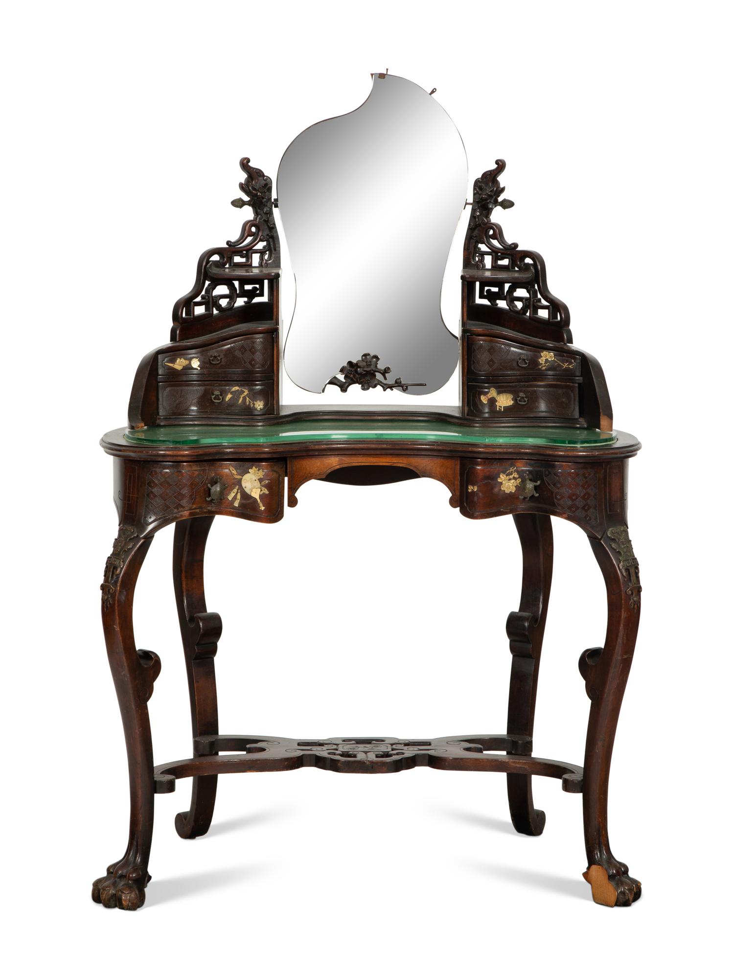 A Japanese Gilt Metal and Hardstone-Mounted Hardwood Dressing Table Mirror and A Stool