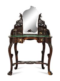 A Japanese Gilt Metal and Hardstone-Mounted Hardwood Dressing Table Mirror and A Stool
