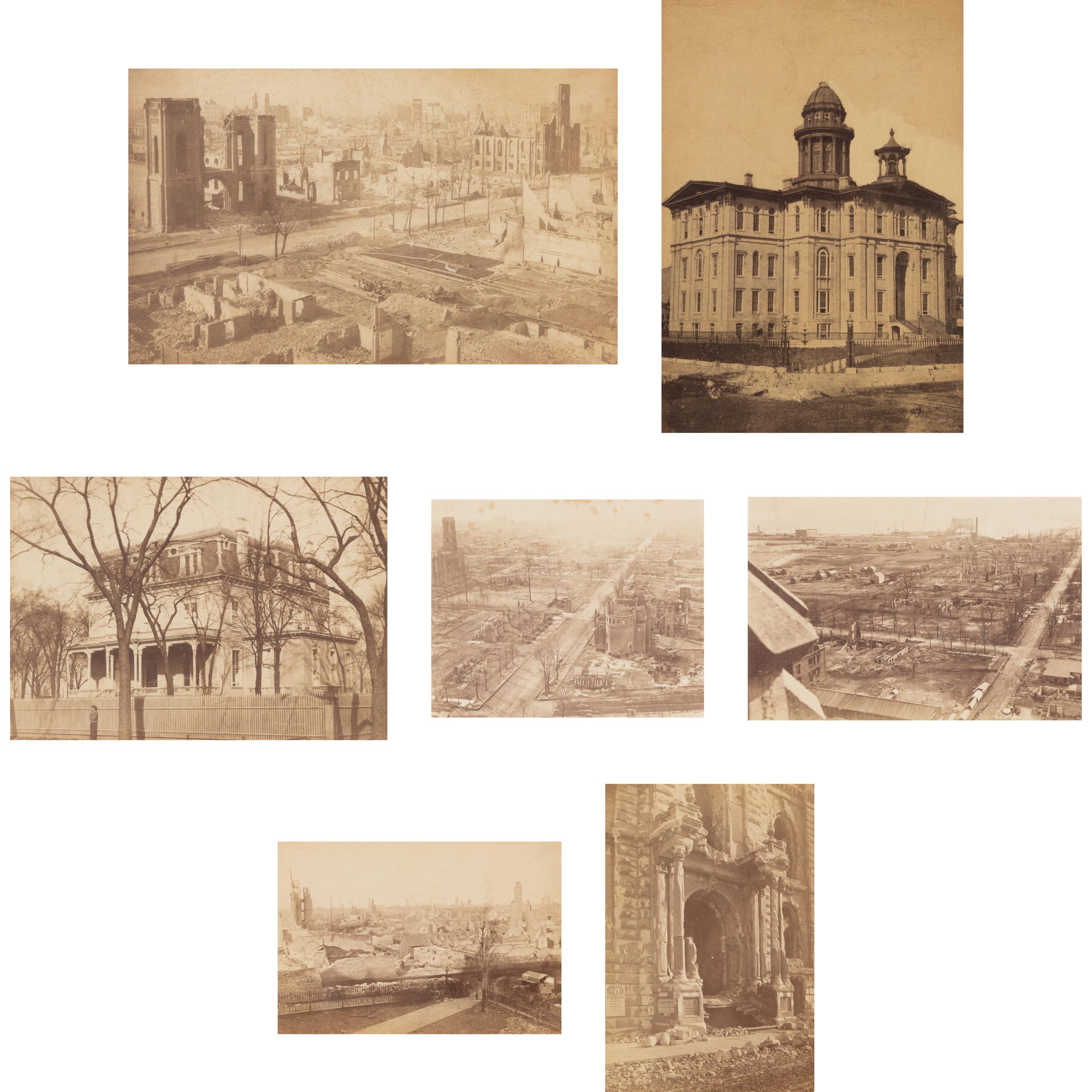 [Chicago Fire]. A group of 7 albumen prints taken before and after the 1871 Chicago Fire, comprising: