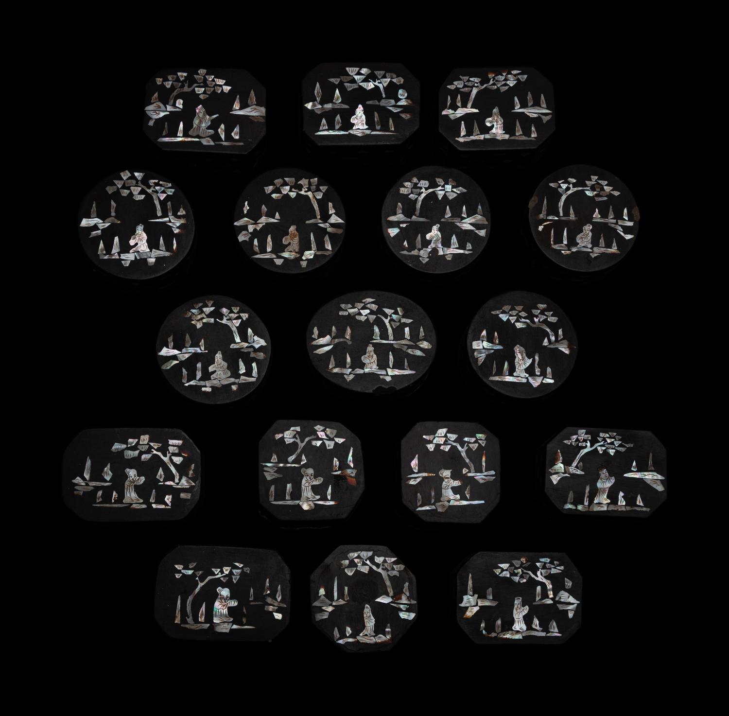 17 Chinese Mother-of-Pearl Inlaid Hardwood Boxes and Covers