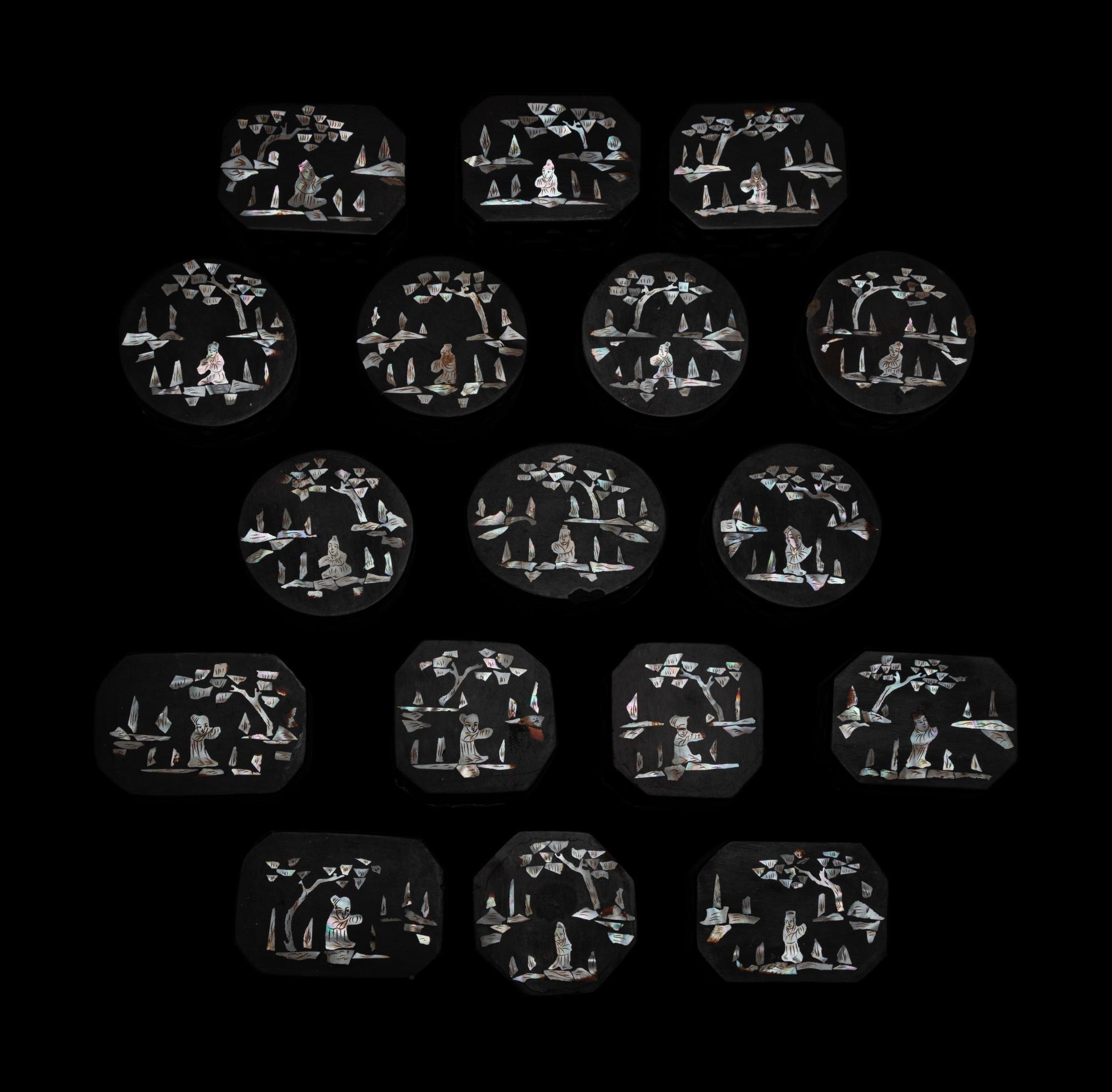 17 Chinese Mother-of-Pearl Inlaid Hardwood Boxes and Covers