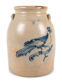 A Three-Gallon New York Stoneware Crock with Cobalt Freehand Bird