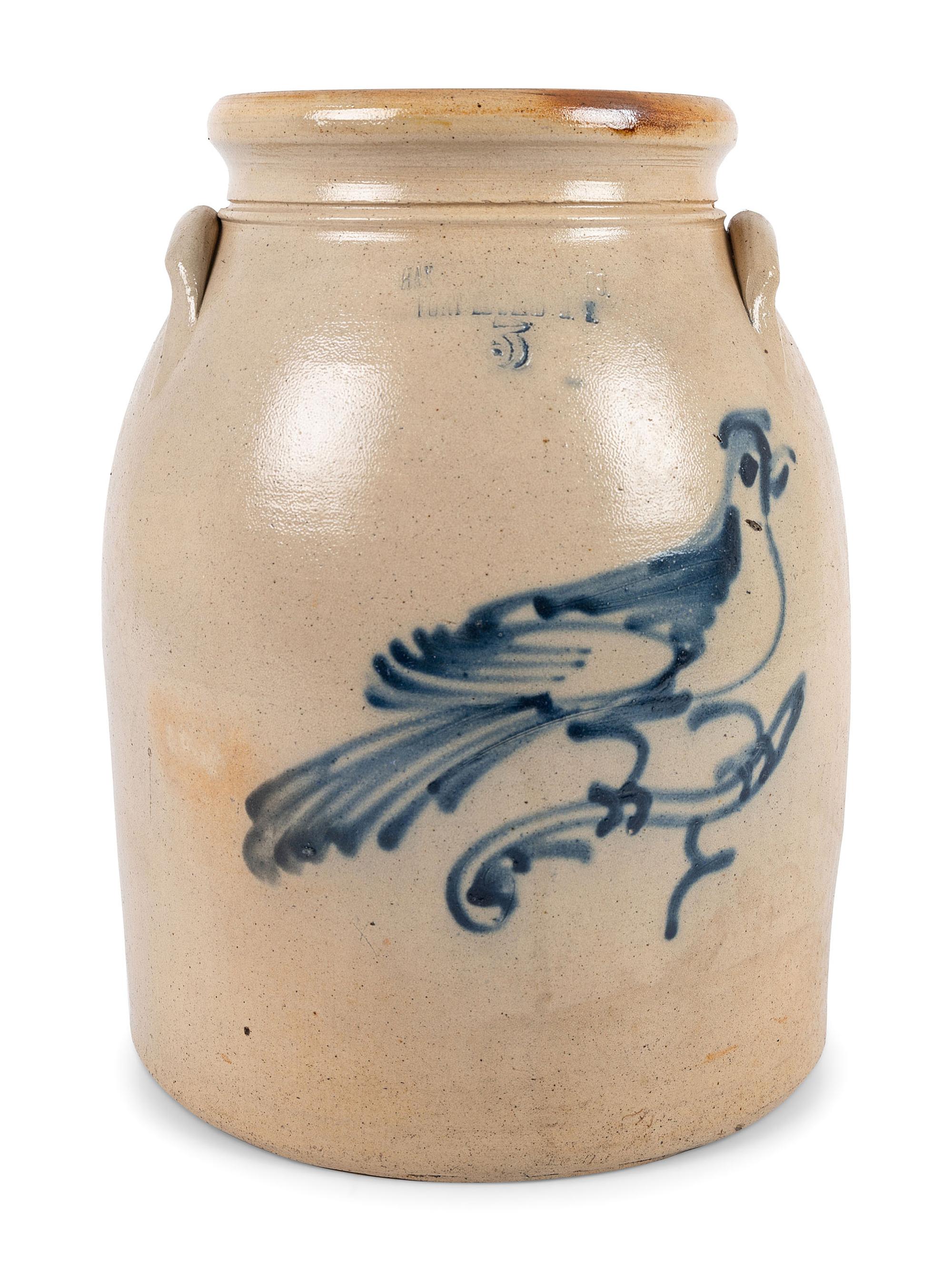 A Three-Gallon New York Stoneware Crock with Cobalt Freehand Bird