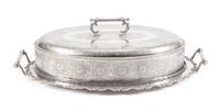 A Silver-Plate Cloche and Tray, Late 19th/Early 20th Century, of oval form, the cloche having a continuous band of circular cartouches