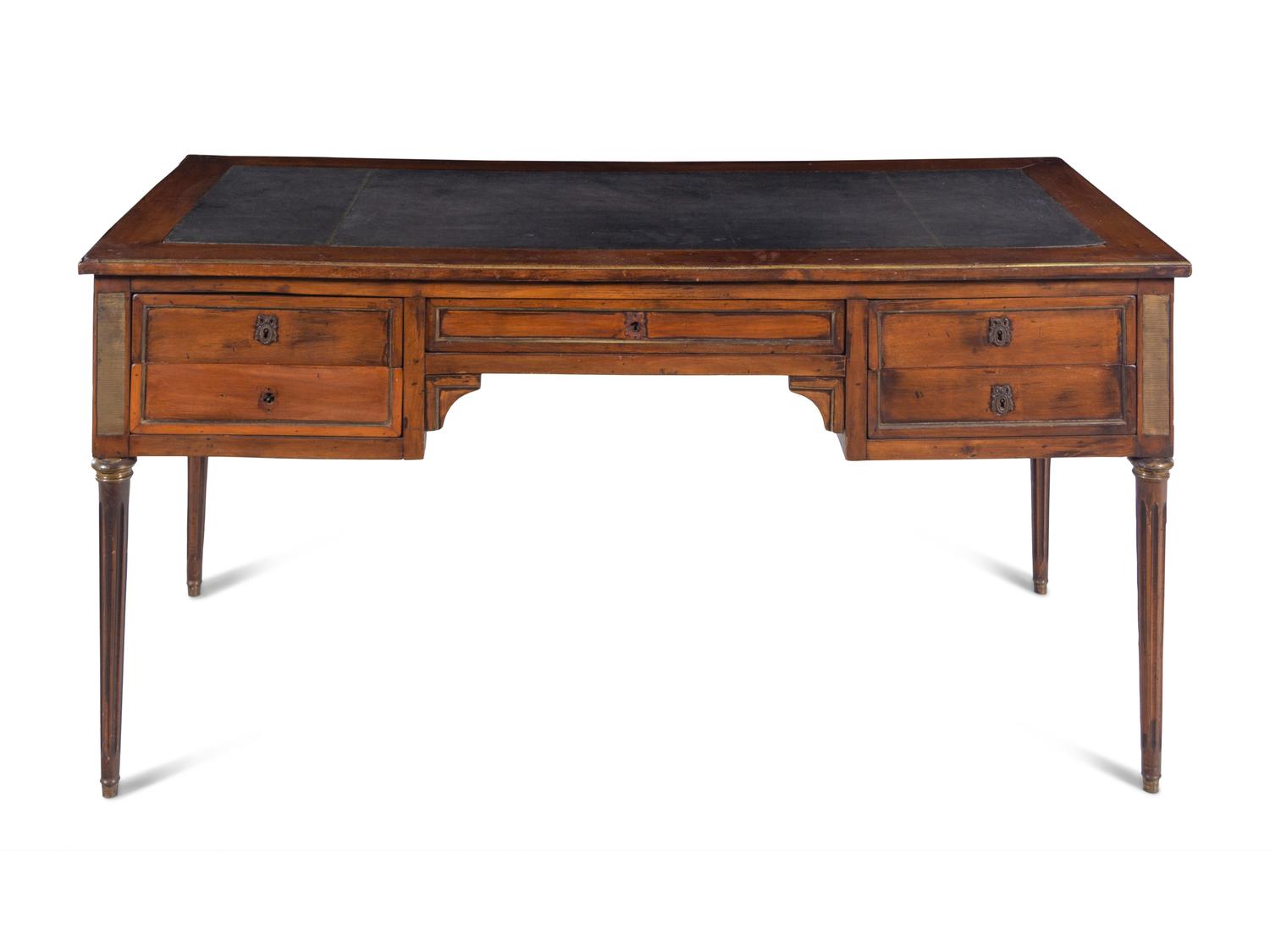A Louis XVI Style Brass Mounted Walnut Bureau Plat