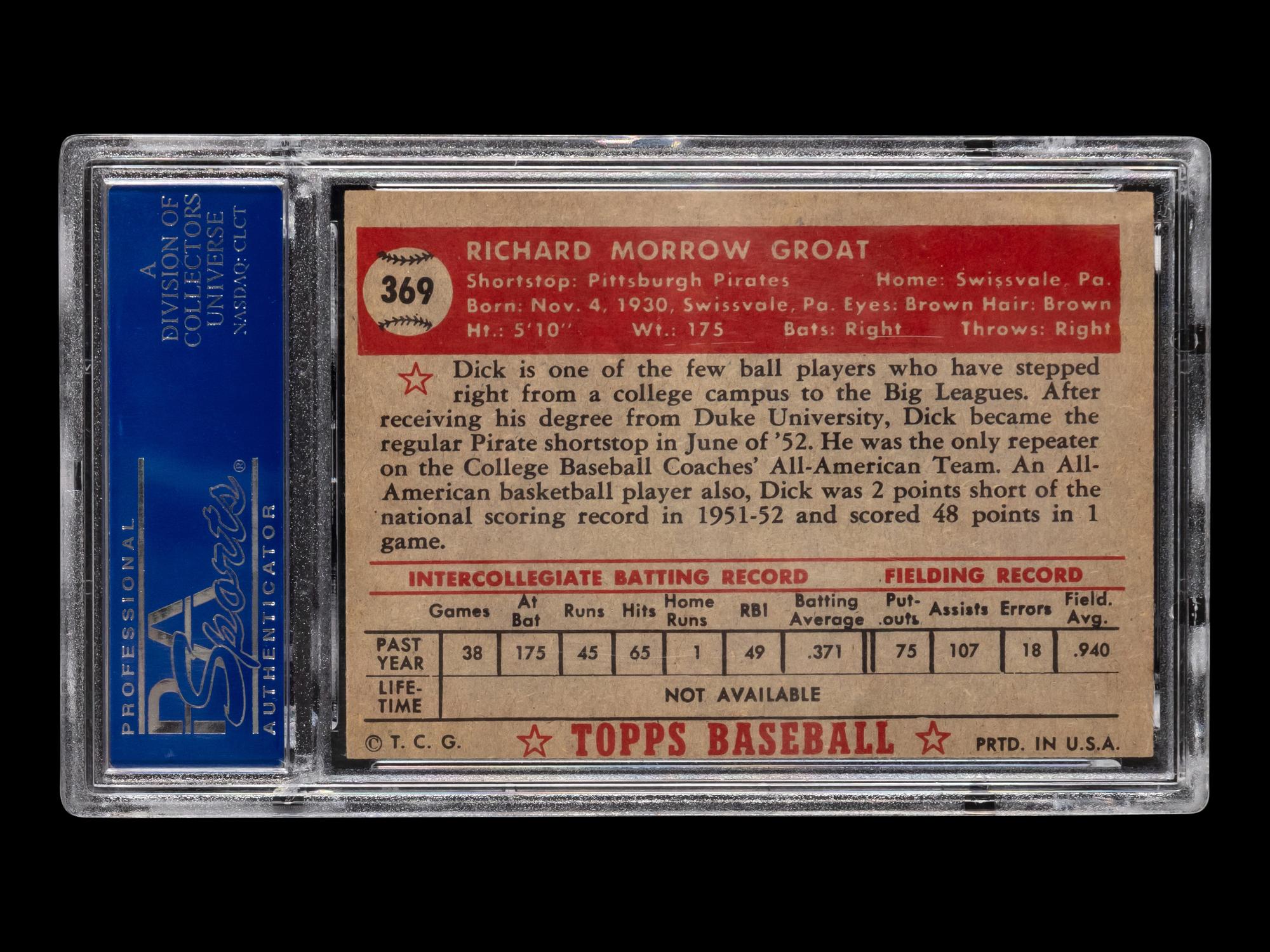 A 1952 Topps Dick Groat High Number Baseball Card No. 369 (PSA 5 EX)