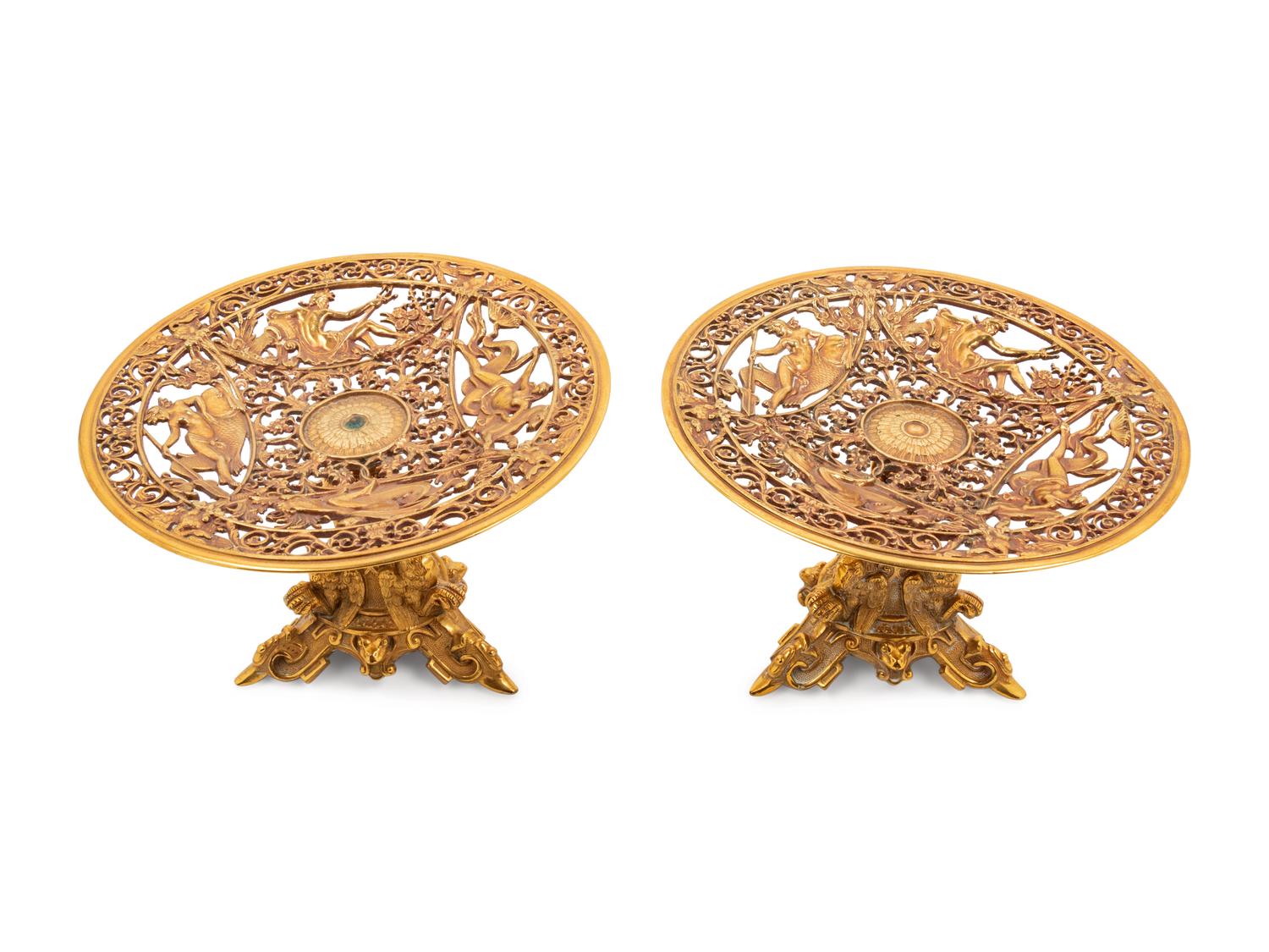 A Pair of Continental Gilt Metal Tazze together with a Dust Pan and Brush