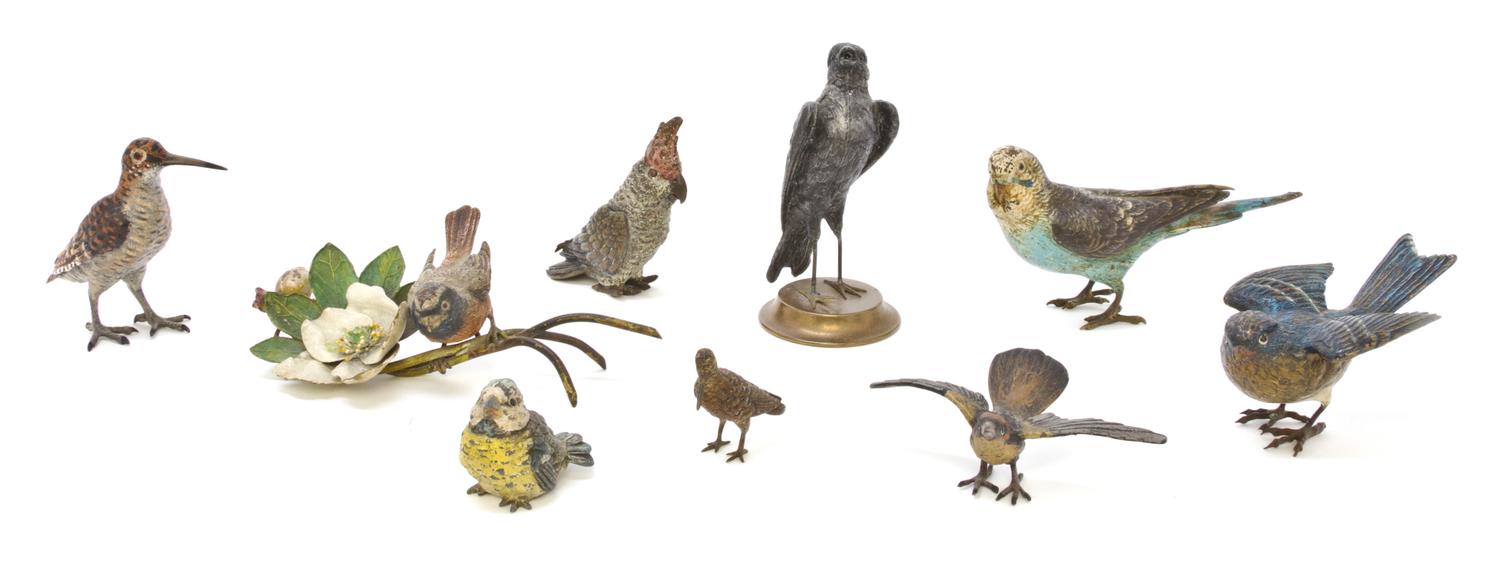 A Collection of Continental Cold Painted Bronze Birds, Length of longest 6 1/4 inches.