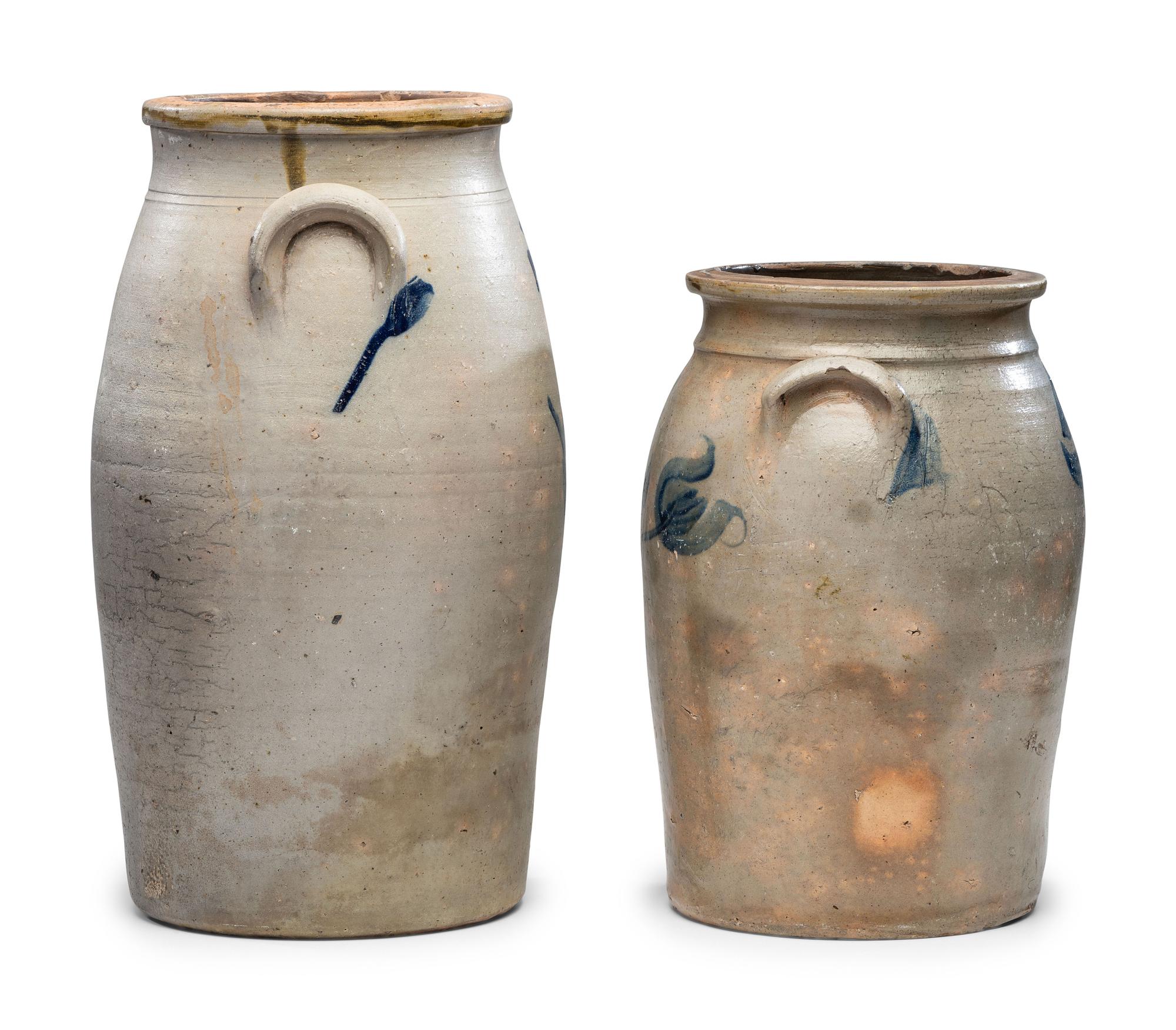 Two Cobalt Decorated Stoneware Crocks