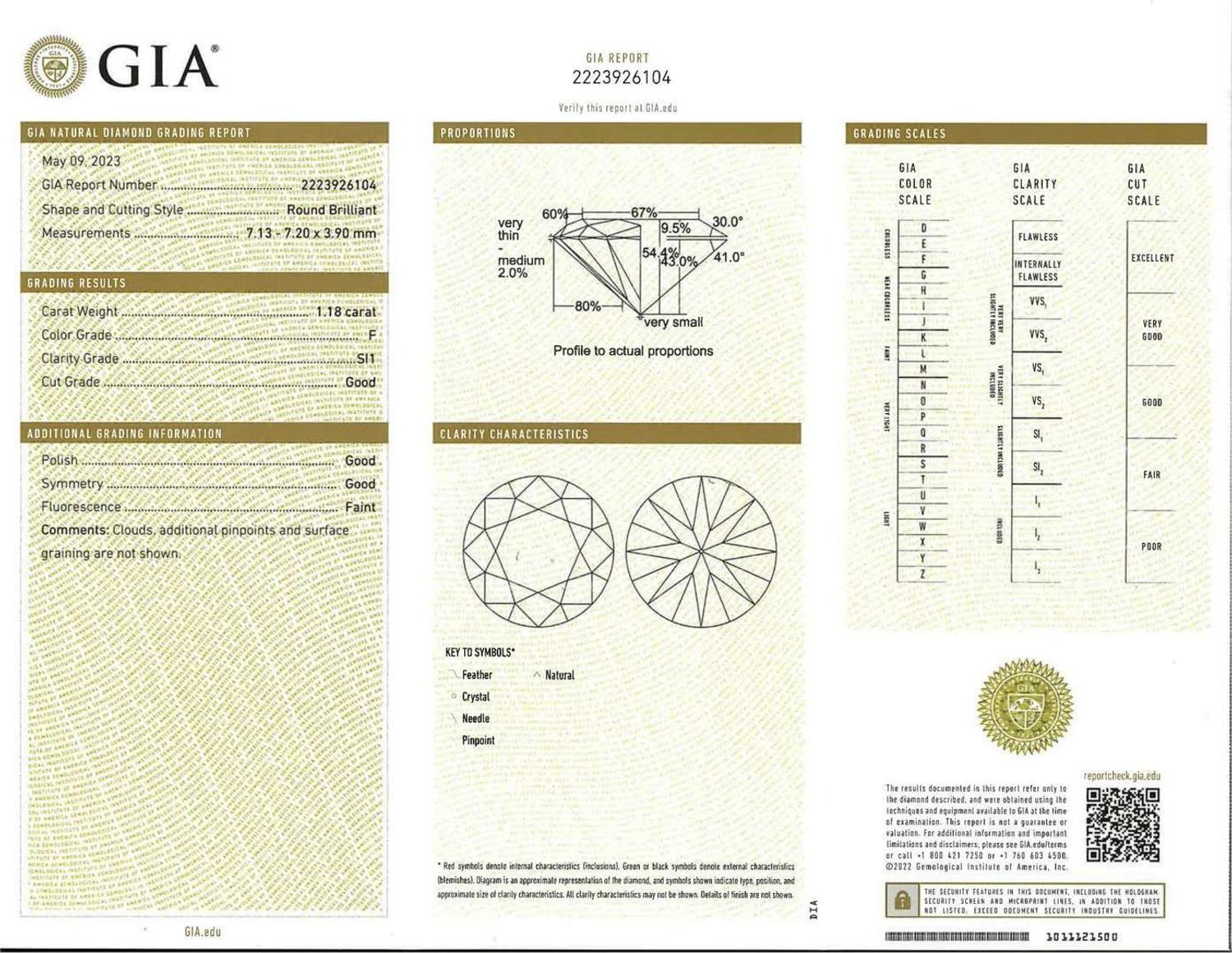 A Pair of 14K White Gold and Diamond Studs 1.18 Carat & 1.19 Carat Round Brilliant-Cut Diamonds, GIA Certified