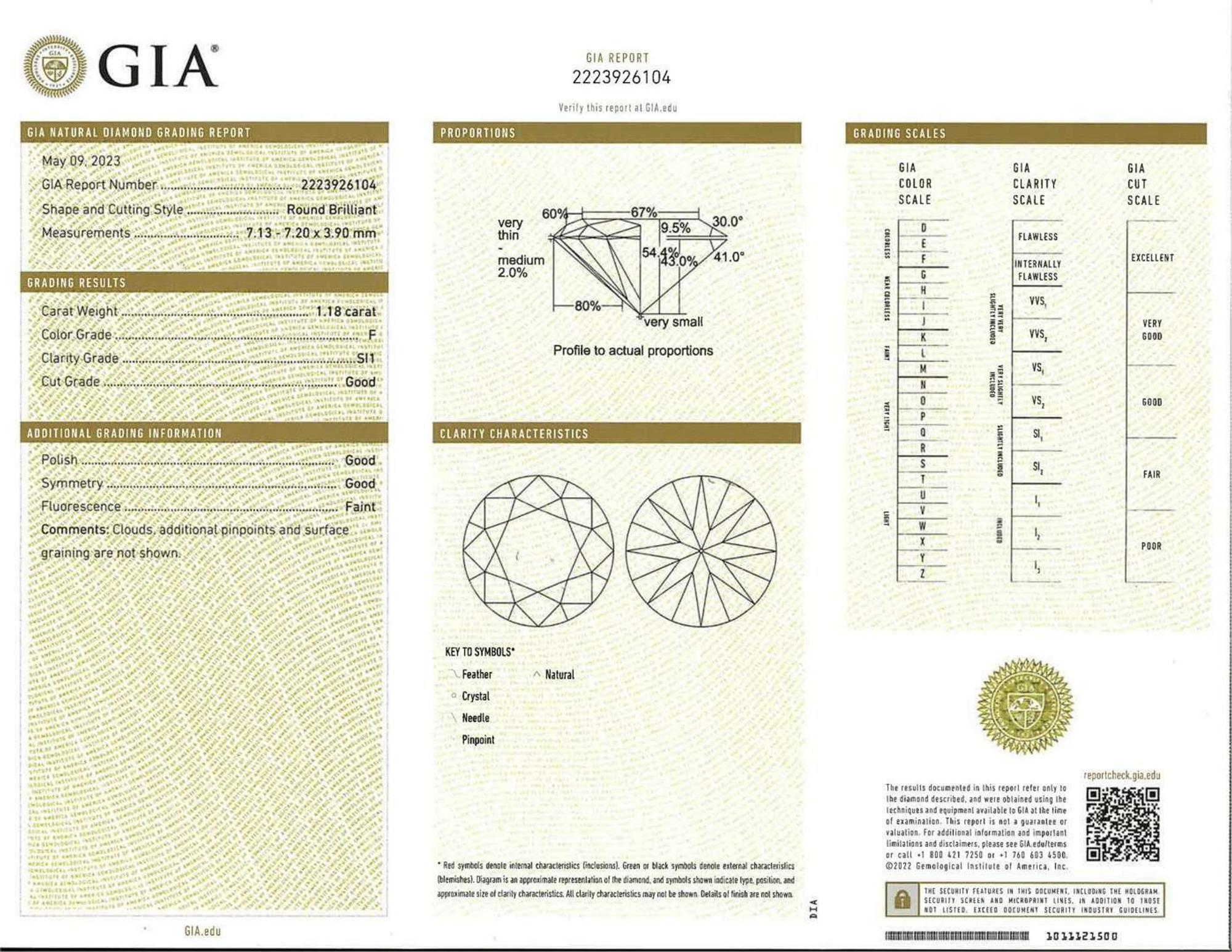 A Pair of 14K White Gold and Diamond Studs 1.18 Carat & 1.19 Carat Round Brilliant-Cut Diamonds, GIA Certified