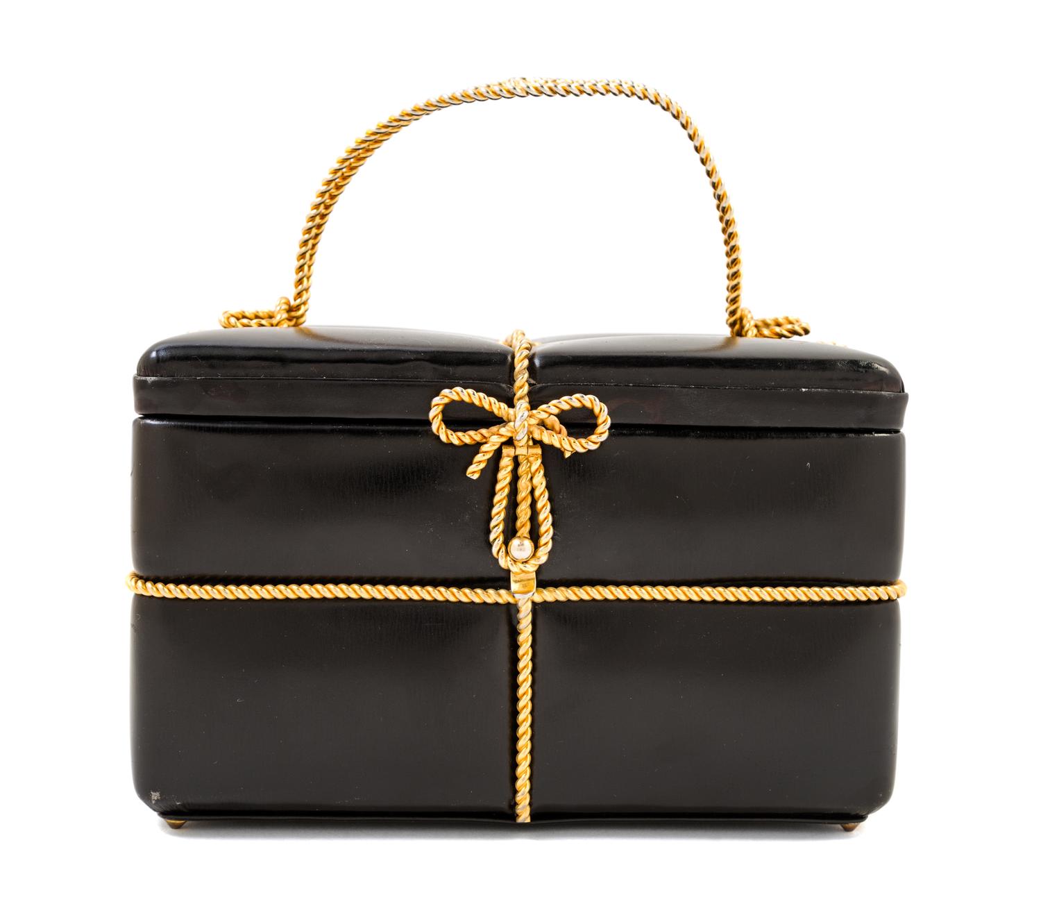 A Judith Leiber Black Leather Gift Box Handbag, 7.5" x 4.5" x 4.5"; Handle drop: 3".