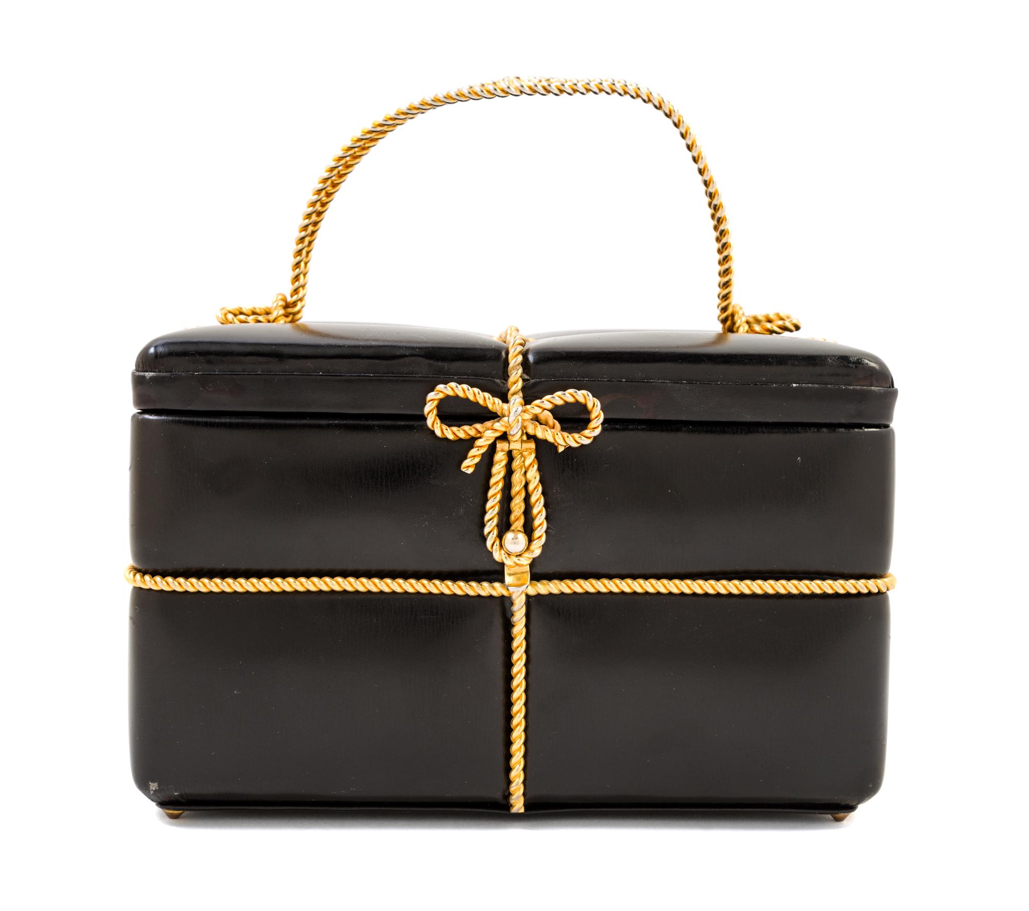 A Judith Leiber Black Leather Gift Box Handbag, 7.5" x 4.5" x 4.5"; Handle drop: 3".