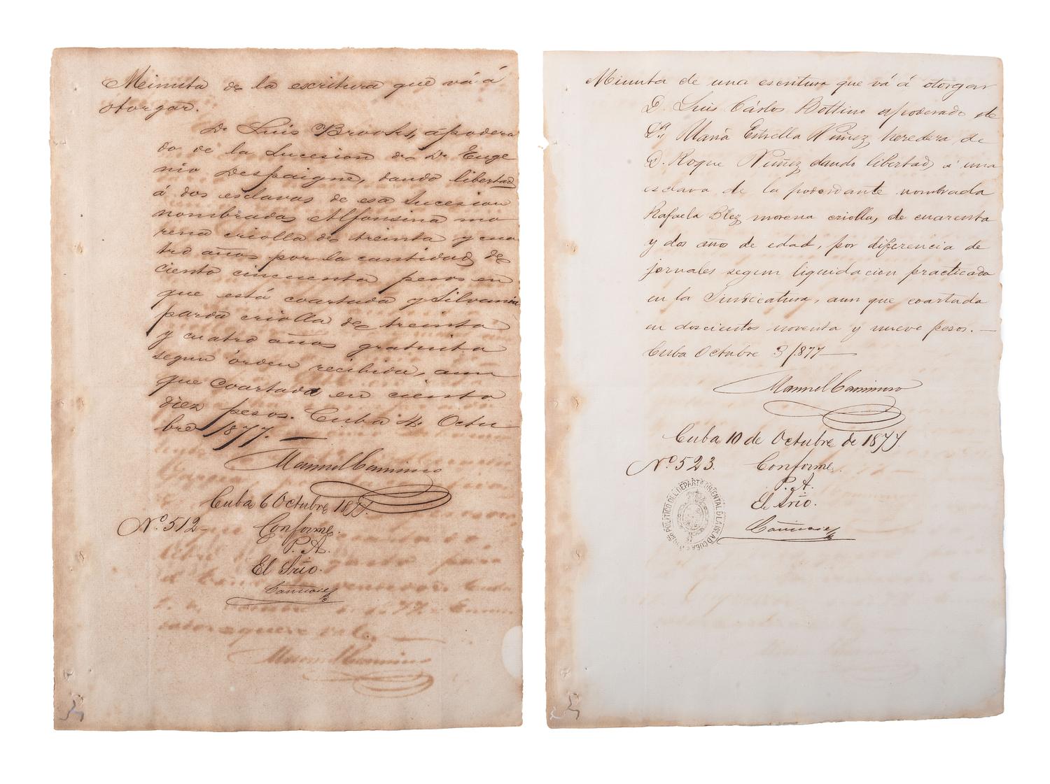 [SLAVERY & ABOLITION]. A group of 12 manumission documents for enslaved persons in Cuba. 1871-1879.
