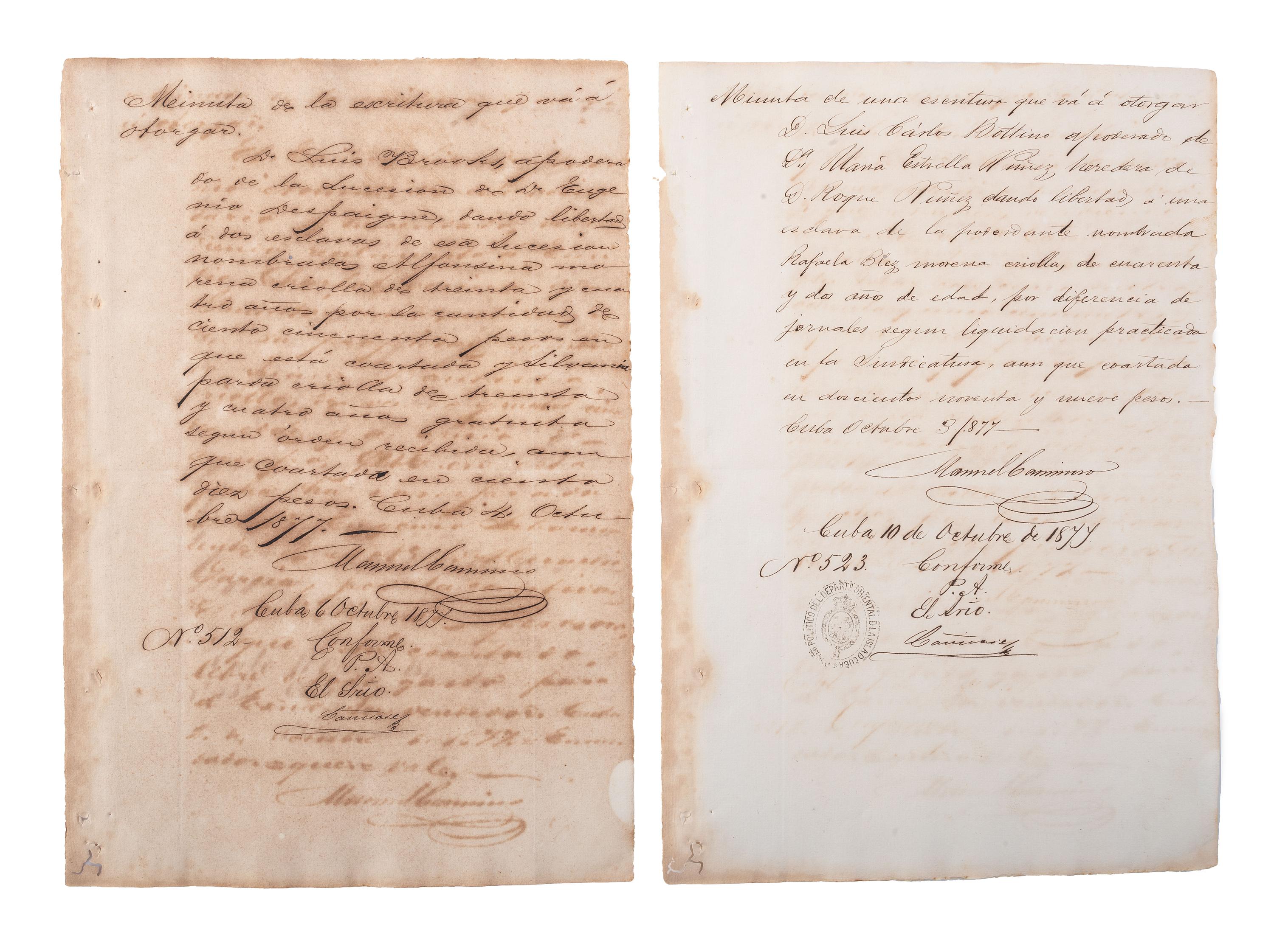 [SLAVERY & ABOLITION]. A group of 12 manumission documents for enslaved persons in Cuba. 1871-1879.