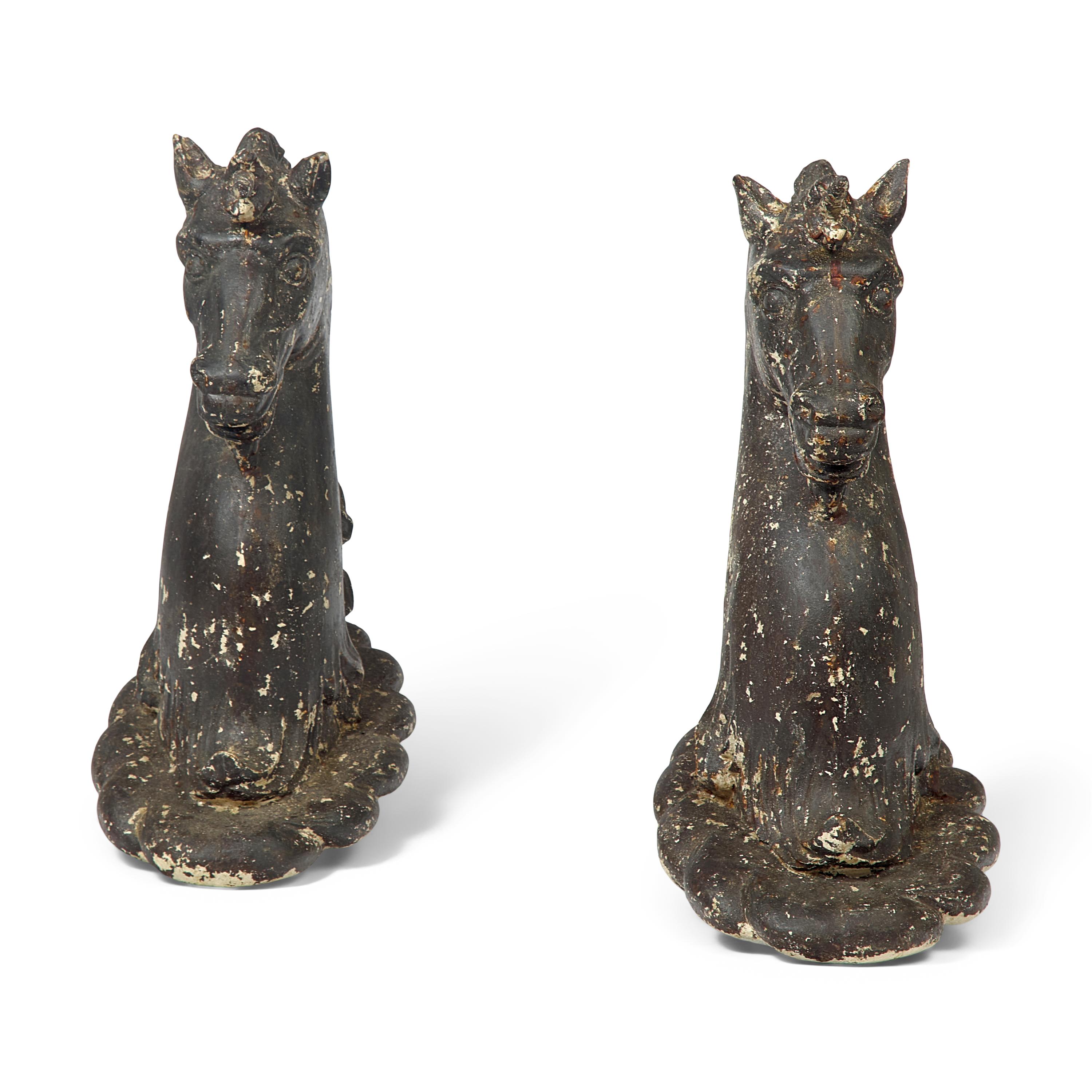 A Rare Pair of Painted Cast and Wrought-Iron Unicorn Hitching Post Finials