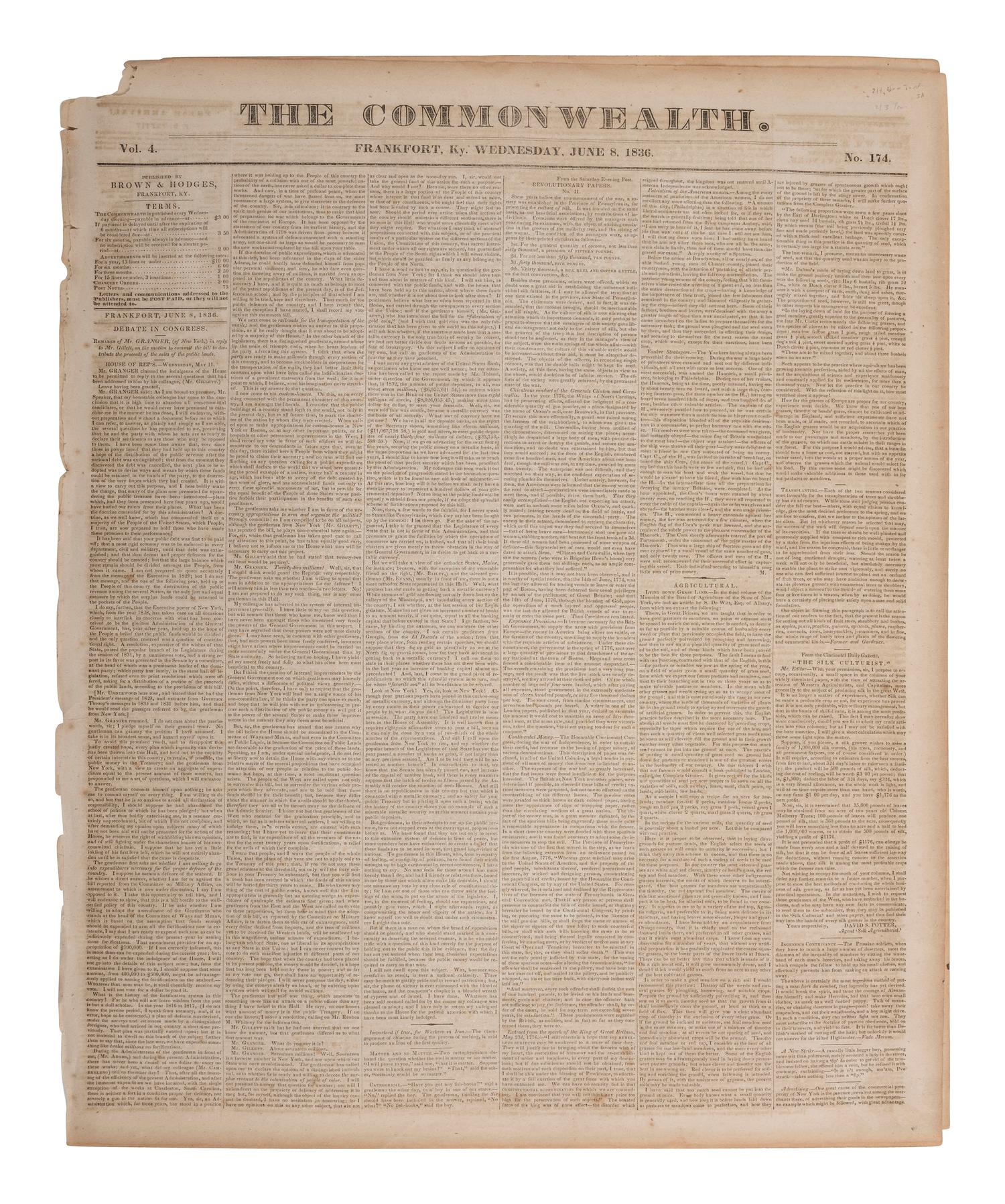 [TEXAS INDEPENDENCE]. The Frankfort Commonwealth . Vol. 4, No. 174. Frankfort, KY: Brown & Hodges, 8 June 1836. Report on the Battle of San Jacinto.