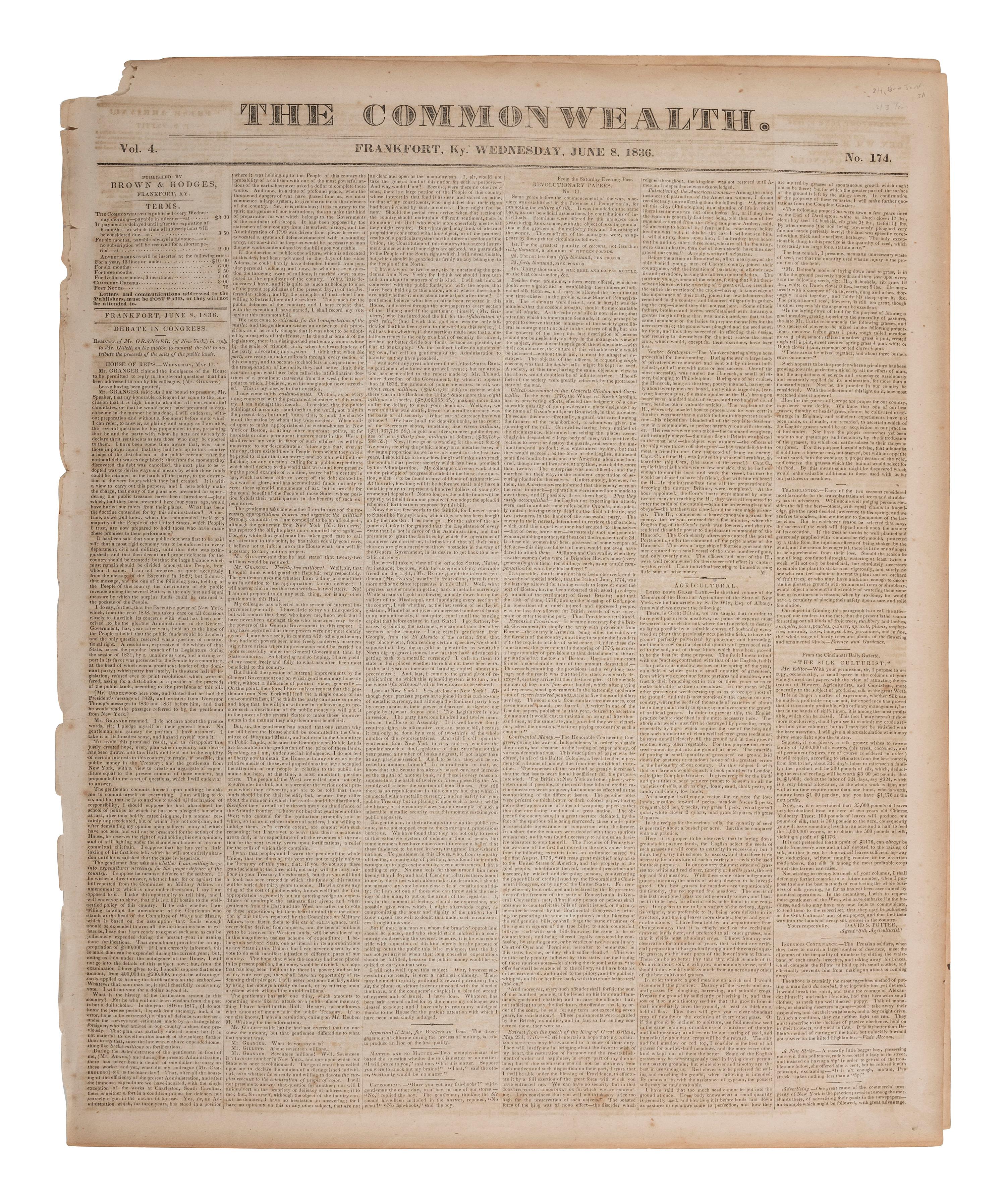 [TEXAS INDEPENDENCE]. The Frankfort Commonwealth . Vol. 4, No. 174. Frankfort, KY: Brown & Hodges, 8 June 1836. Report on the Battle of San Jacinto.