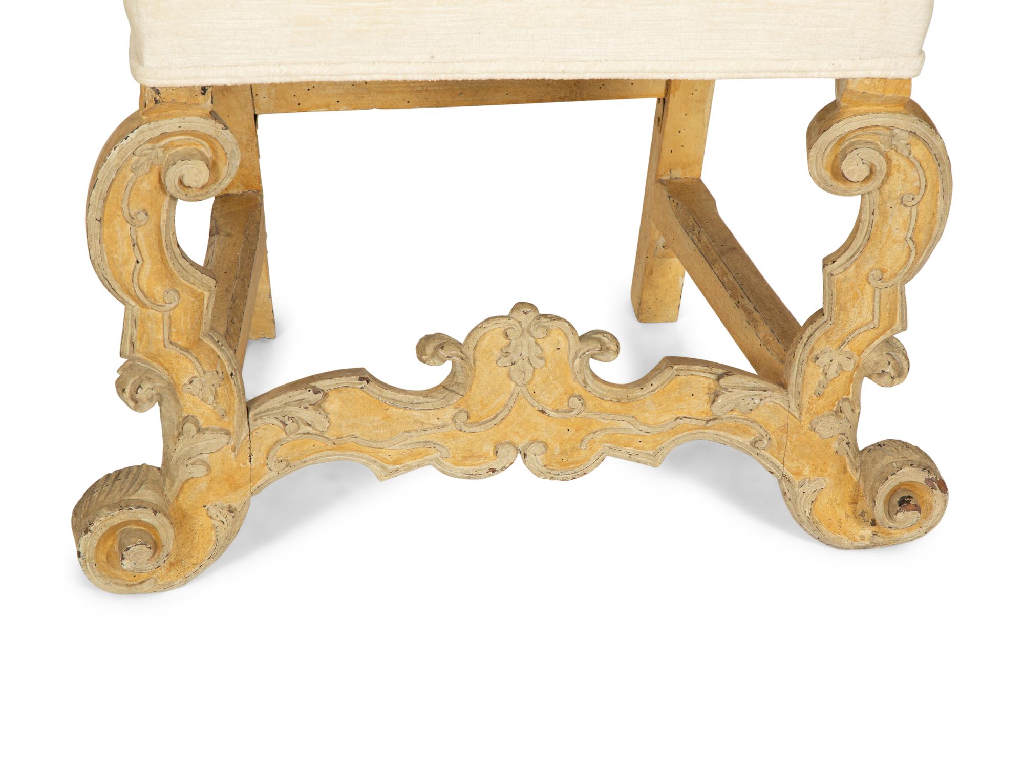 A Set of Six Continental Carved and Cream and Yellow-Painted Dining Chairs
