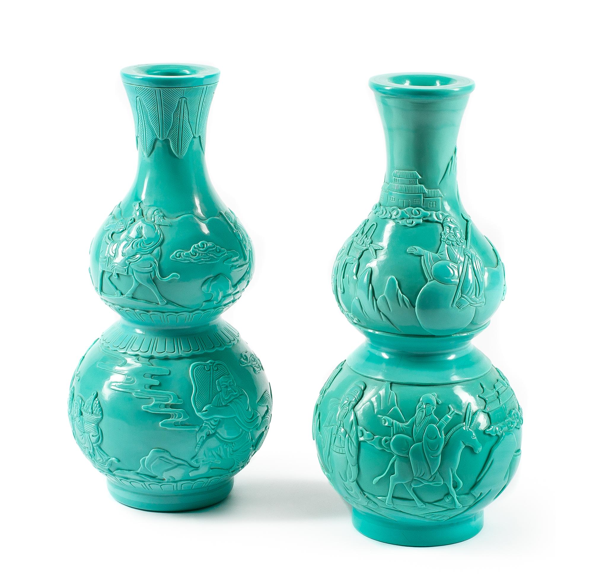 A Pair of Chinese Opaque Turquoise Peking Glass Vases