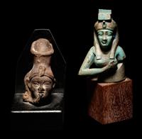 A Graeco-Egyptian Terracotta Head of Harpocrates and an Egyptian Faience Isis