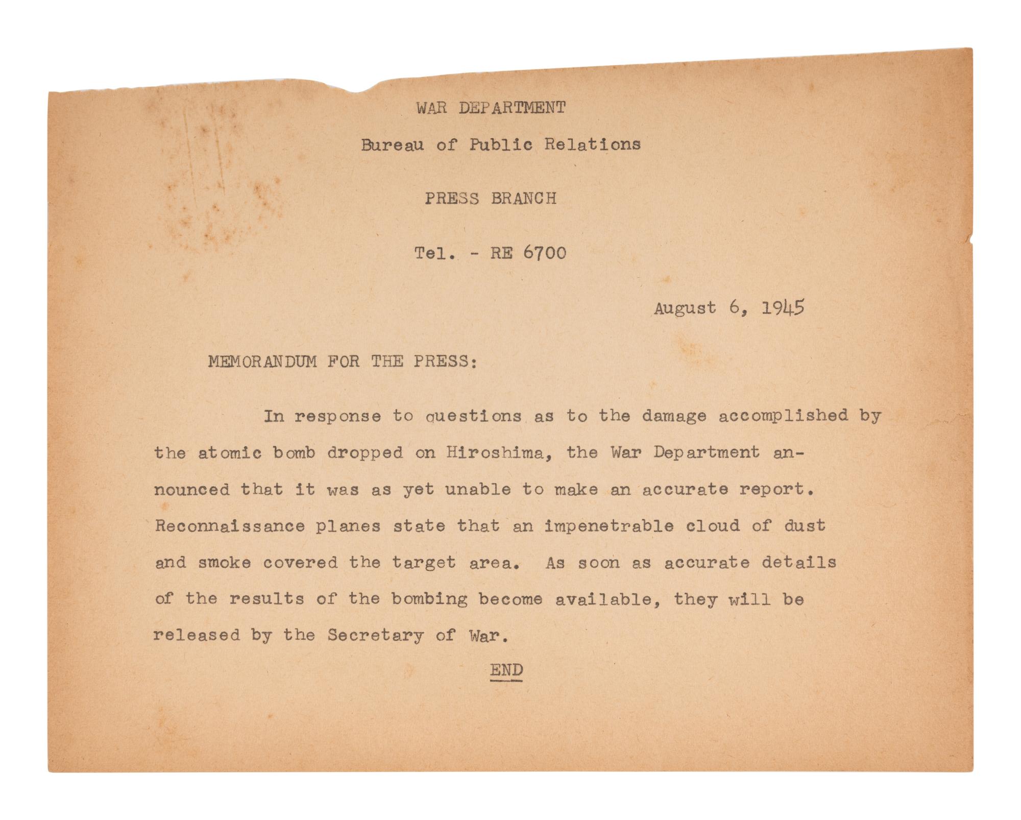 [ATOMIC BOMB]. War Department telegram describing damage to Hiroshima after bombing. 6 August 1945.