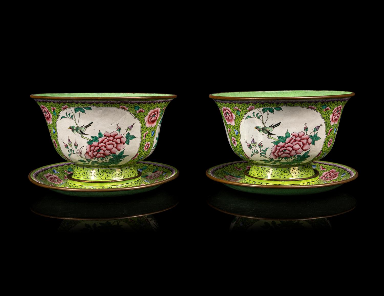 A Pair of Chinese Canton Enamel on Copper Bowls and Stands
