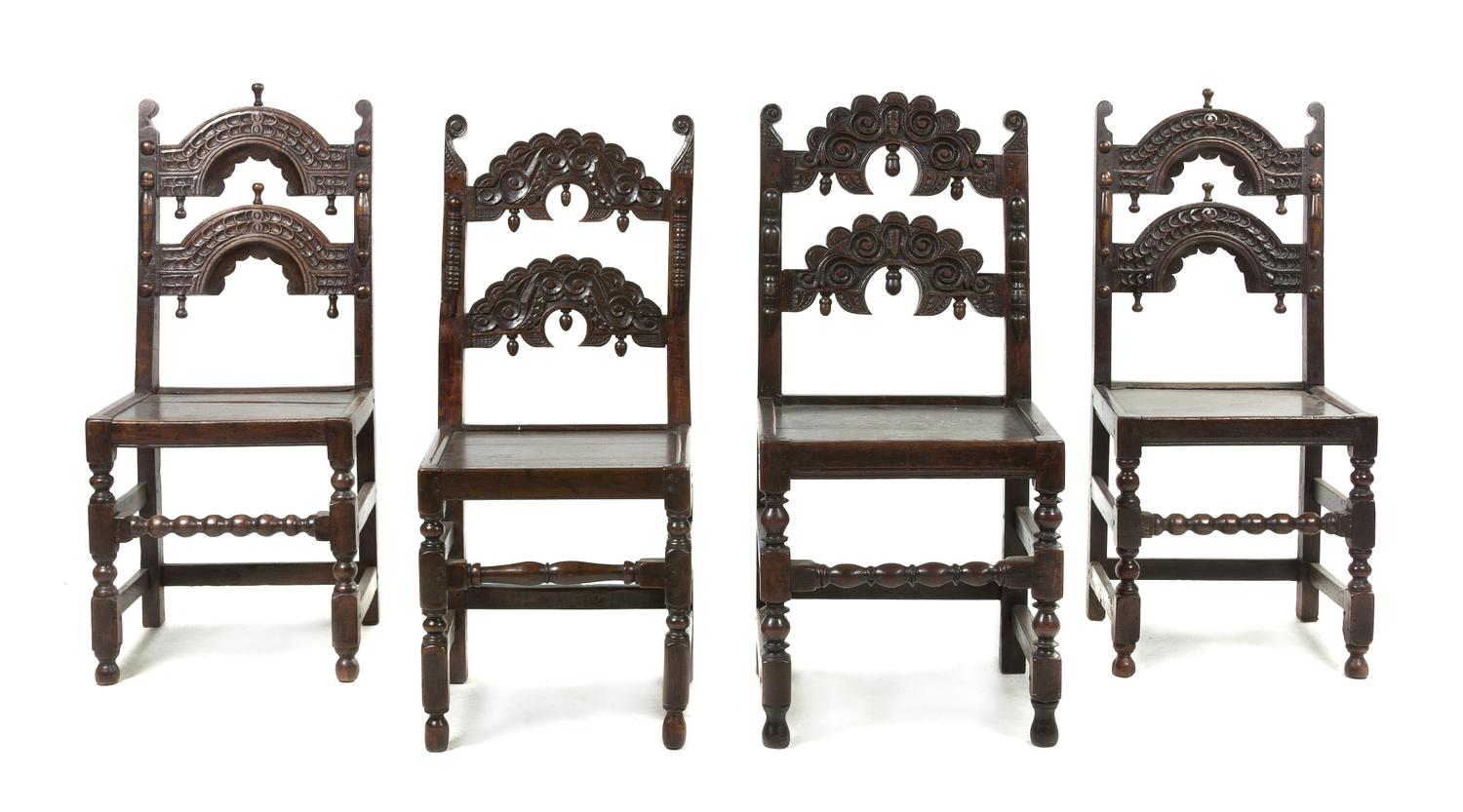 An Assembled Set of Four Renaissance Revival Side Chairs, Height 39 1/2 inches.