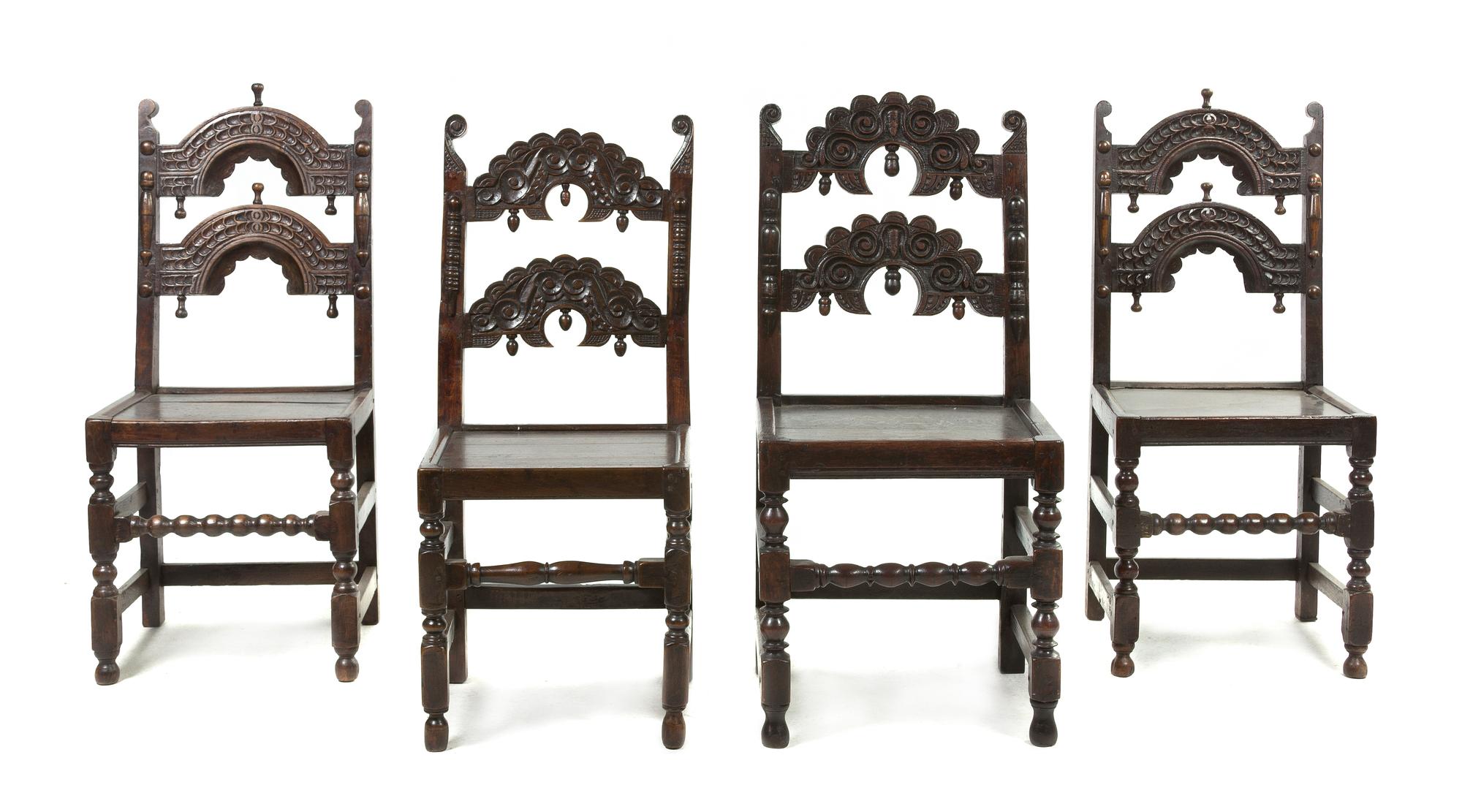 An Assembled Set of Four Renaissance Revival Side Chairs, Height 39 1/2 inches.